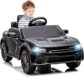 12V Licensed Dodge Charger SRT Hellcat Kids Electric Ride On Car,Battery Powered 4-Wheels Ride on Toy,with Parental Remote Control,Real Head&Tail Lights,Bluetooth Music,Safety Belt (Black)