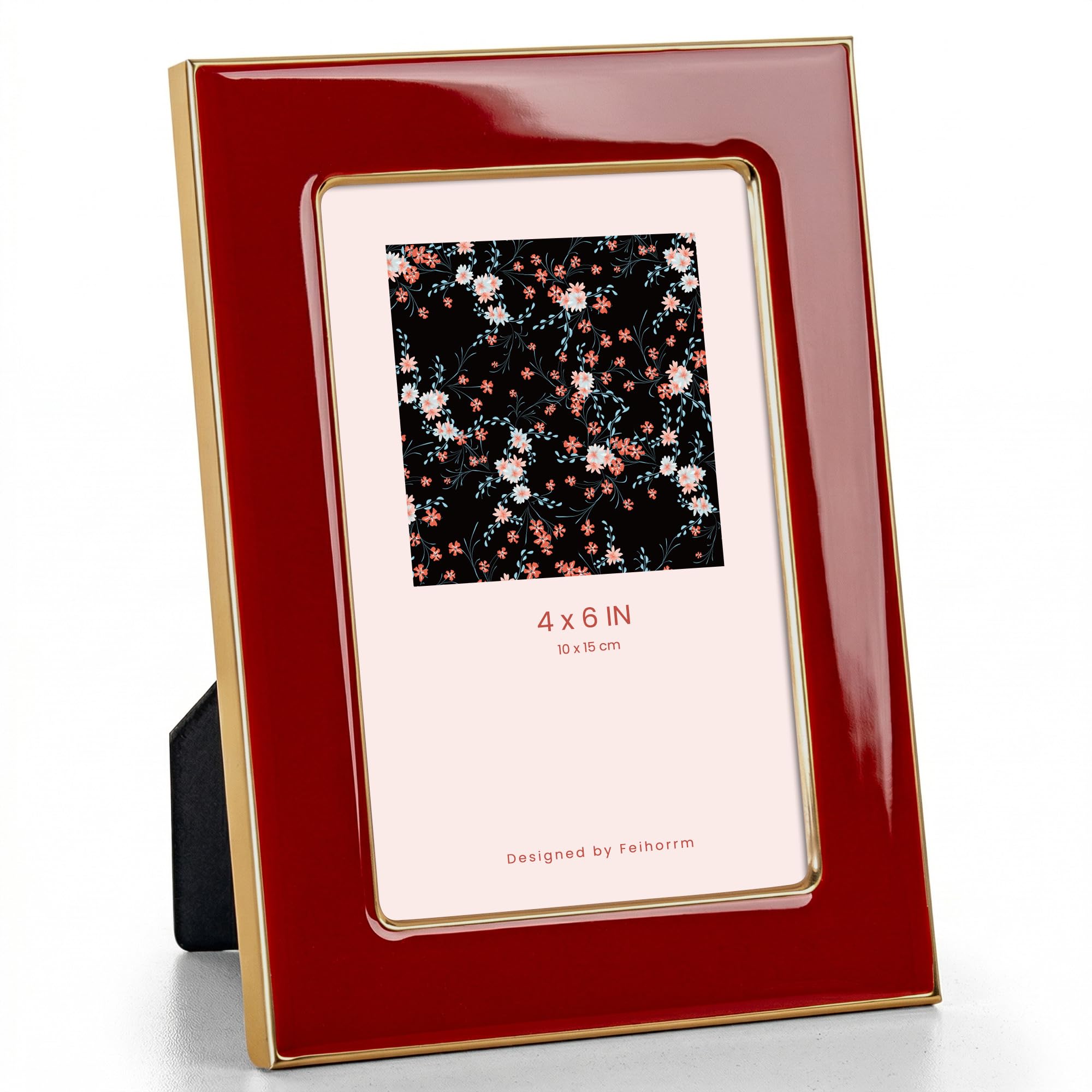Feihorrm Photo Frame 6x4, Red Enamel Frame with Gold Metal Edge, HD Tempered Glass Picture Frame, Vertical & Horizontal Display, Tabletop & Wall Mount Decor