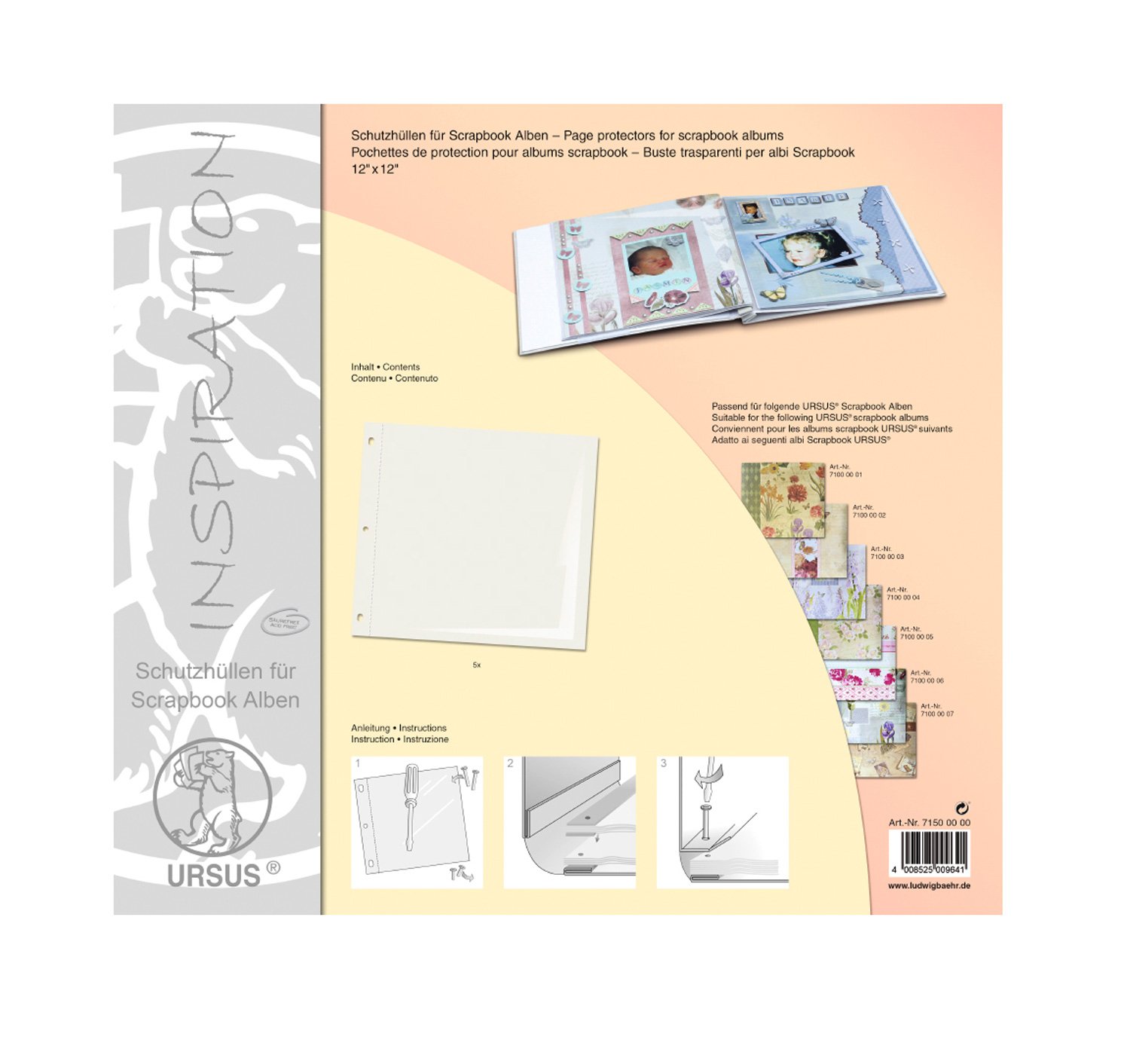 Ursus 71500000 Scrapbook Album Sleeves, Approx. 12" x 12" - Pack of 5