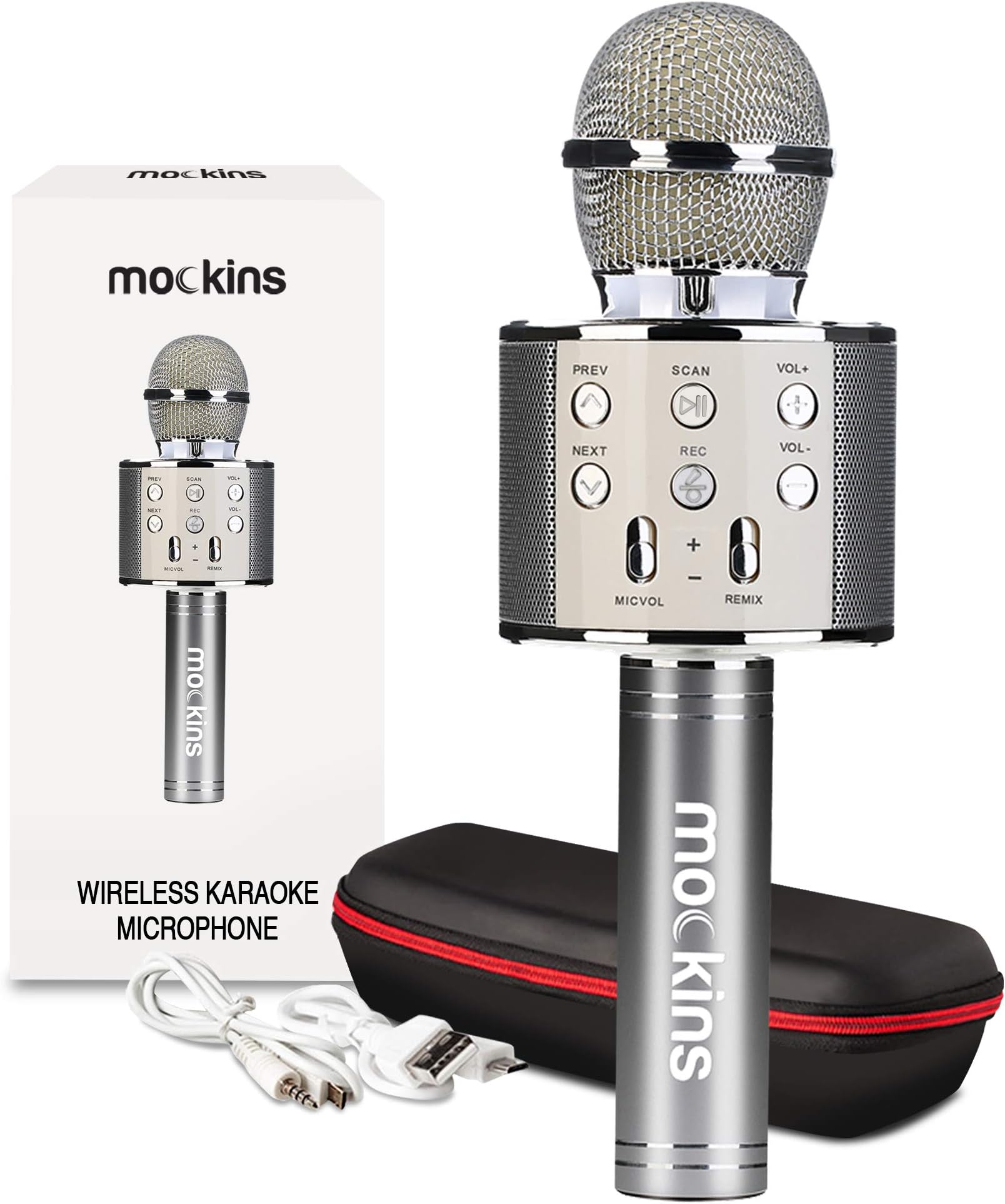 Silver Bluetooth Karaoke Microphone for Kids with Built in Wireless Speaker| Wireless Microphone Karaoke Compatible with iOS & Android | All-in-One Mic