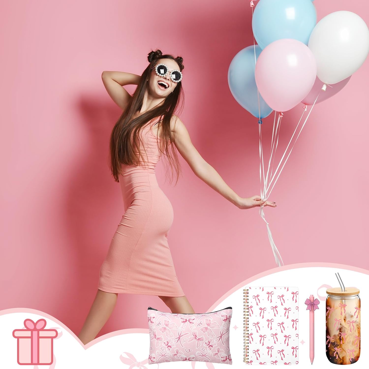 Boao 4 Pcs Coquette Pink Bow Gift Set Back to School Gift for First Day of School Party Favor, Glass Cup Pink Bow Notebook Cosmetic Bag Pens Bowknot Lined Notebook Stuff Coquette Party Favor - Image 4
