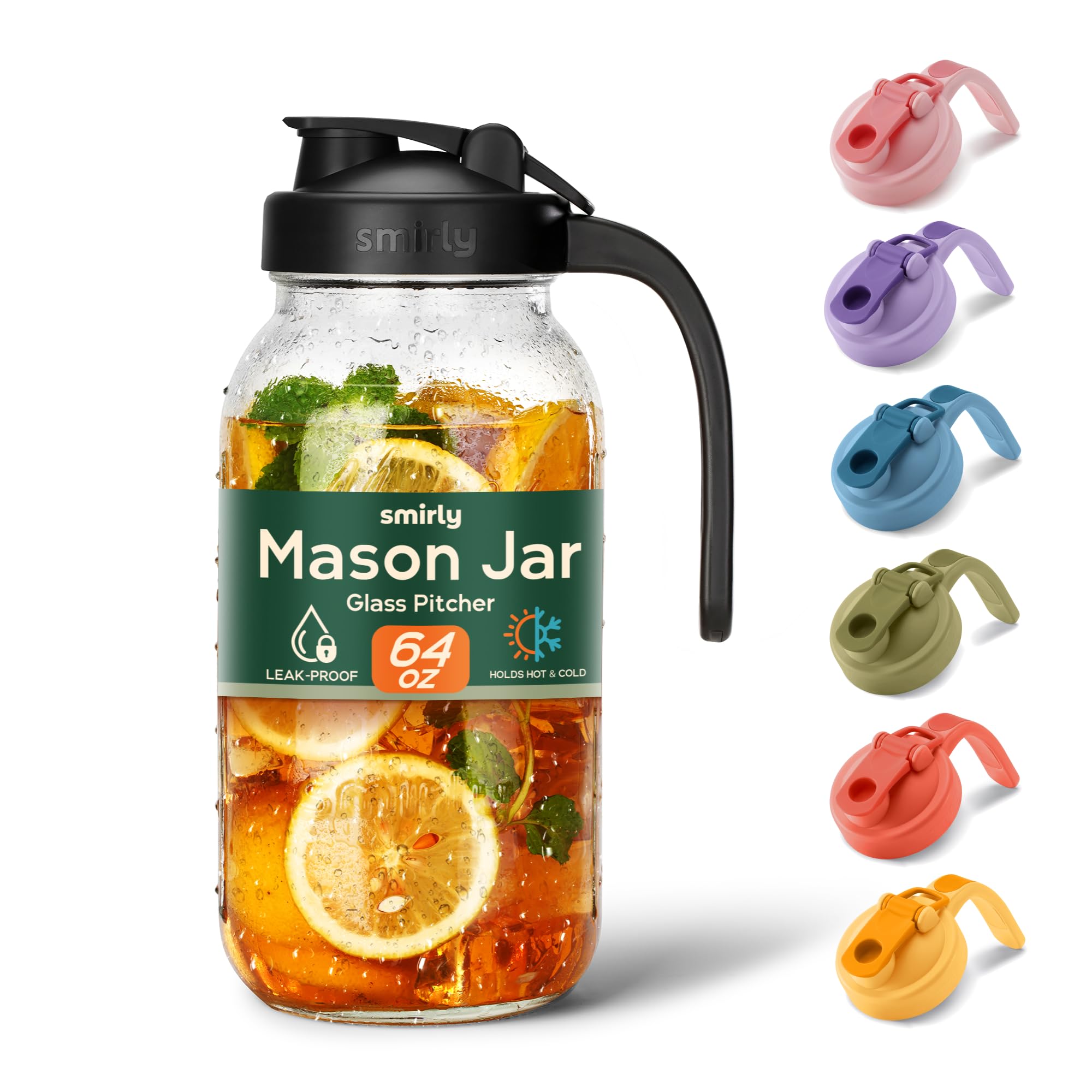 SMIRLY 64 oz Mason Jar Pitcher,Glass Pitcher with Wide Mouth,Water Jug with Double Leak Proof Lid for Iced Coffee,Hot Water,Breast Milk