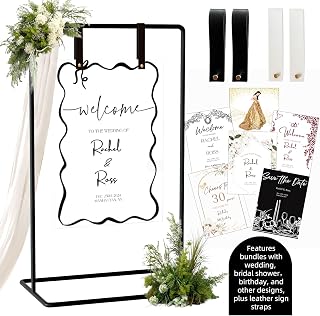 Furosa Adjustable Wedding Sign Holder Easel Stand - Black Heavy Duty with Design Bundle & Leather Straps for Welcome Signs, Seating Charts (50-68")