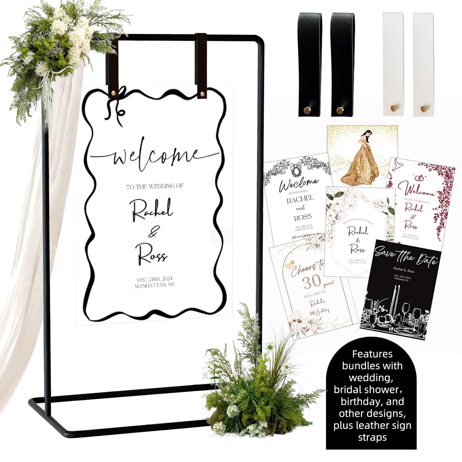 Wedding Sign Holder, Adjustable Welcome to Our Wedding Sign Stand W/Design Bundle & Leather Sign Hanging Straps, Heavy Duty Easel Stand for Sign, Wedding Seating Chart Stand, Easel for Display (Black)