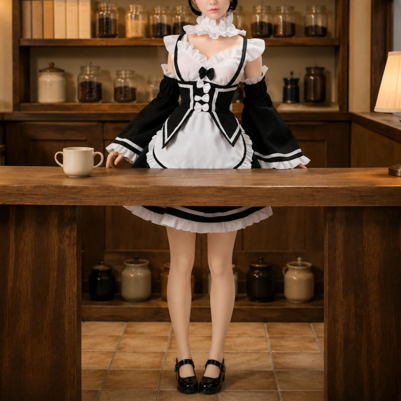 Puppenkostüm Set mit Kleid Schürze Rüschen Kontrastborte aus Pflegeleichtem Material für Sammlerfiguren für Display Fotoshooting Sammlung Szene