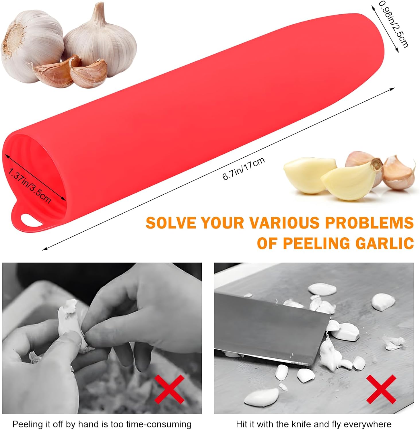Garlic Tube Rollers Peel Remover,Garlic Peeler Silicone Garlic Peel Remover Roller, Garlic Roller Peeling Tube Tool for Useful Kitchen Tools (Red) image 2