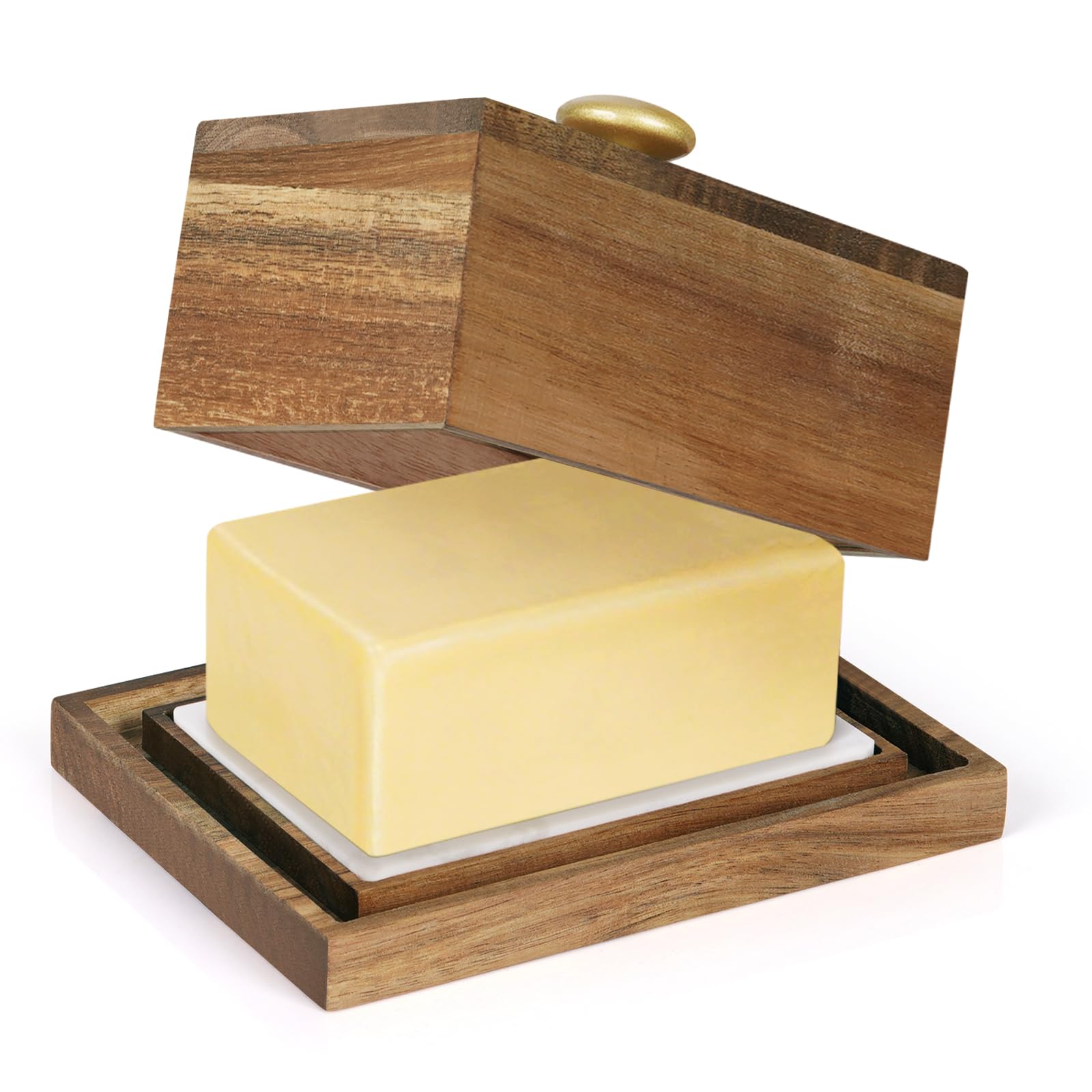 Butterdose aus Akazienholz mit Marmorplatte – Für 250g streichzarte Butter | Holz Butterschale zur idealen Aufbewahrung | Butterglocke