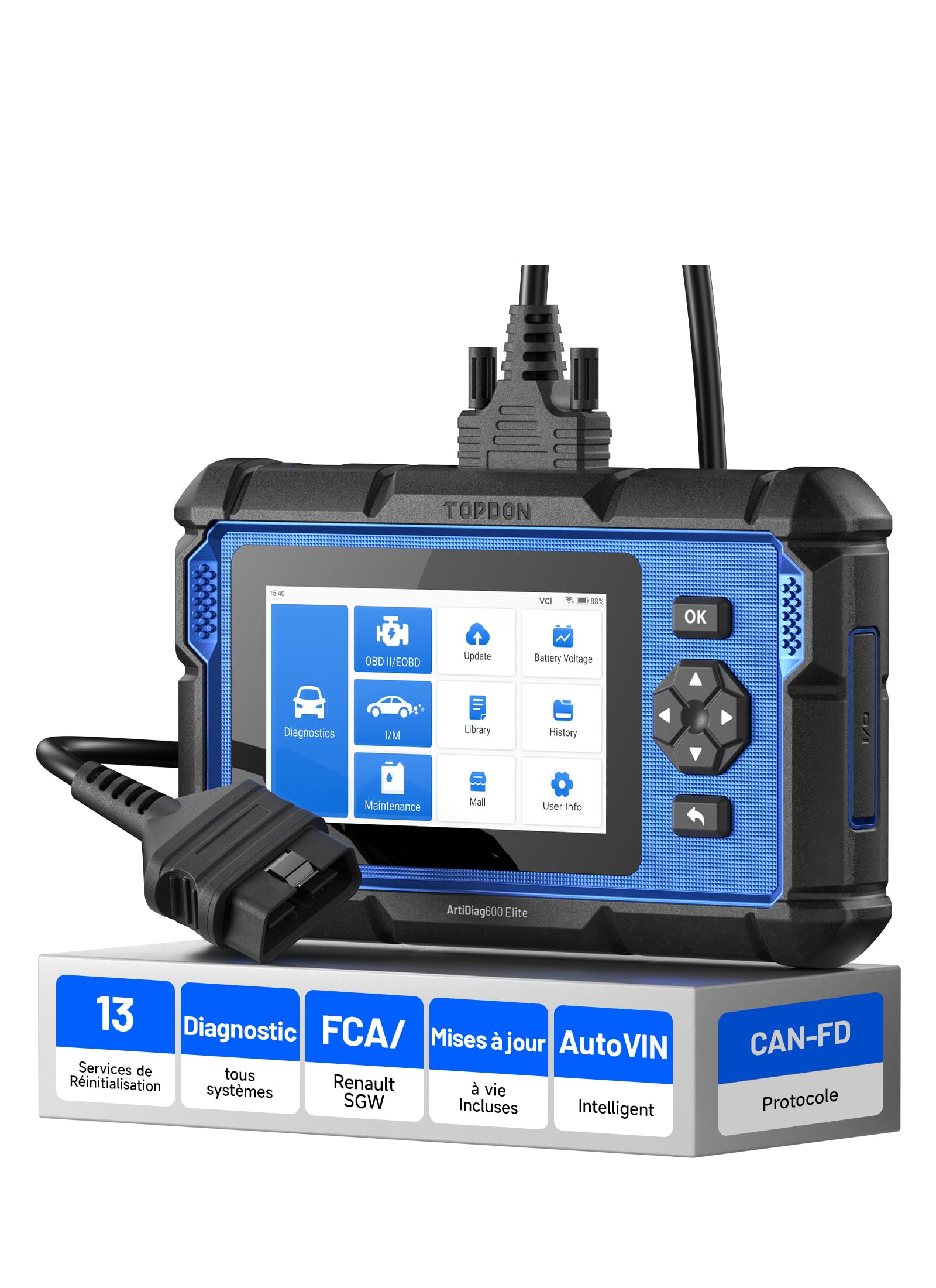 TOPDON ArtiDiag600 Elite OBD2 Valise Diagnostic Auto pour Systèmes Complets