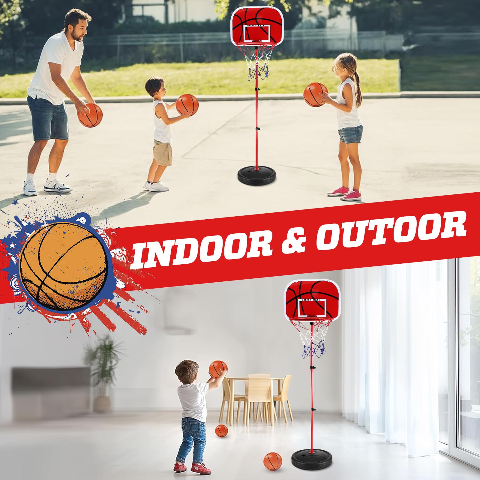 Canestro Basket Bambini, Canestro Basket Esterno con 3 Palloni, 1 Pompa, Regolabile Altezza 50-150cm, per 3 agli 8 Anni Bambini, Indoor e Outdoor