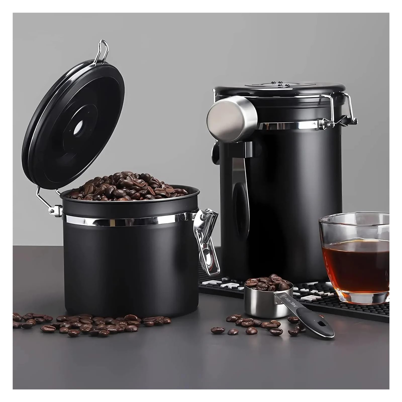 Boîte à café hermétique en acier inoxydable avec cuillère pour grains de café - Noir (blanc, L)