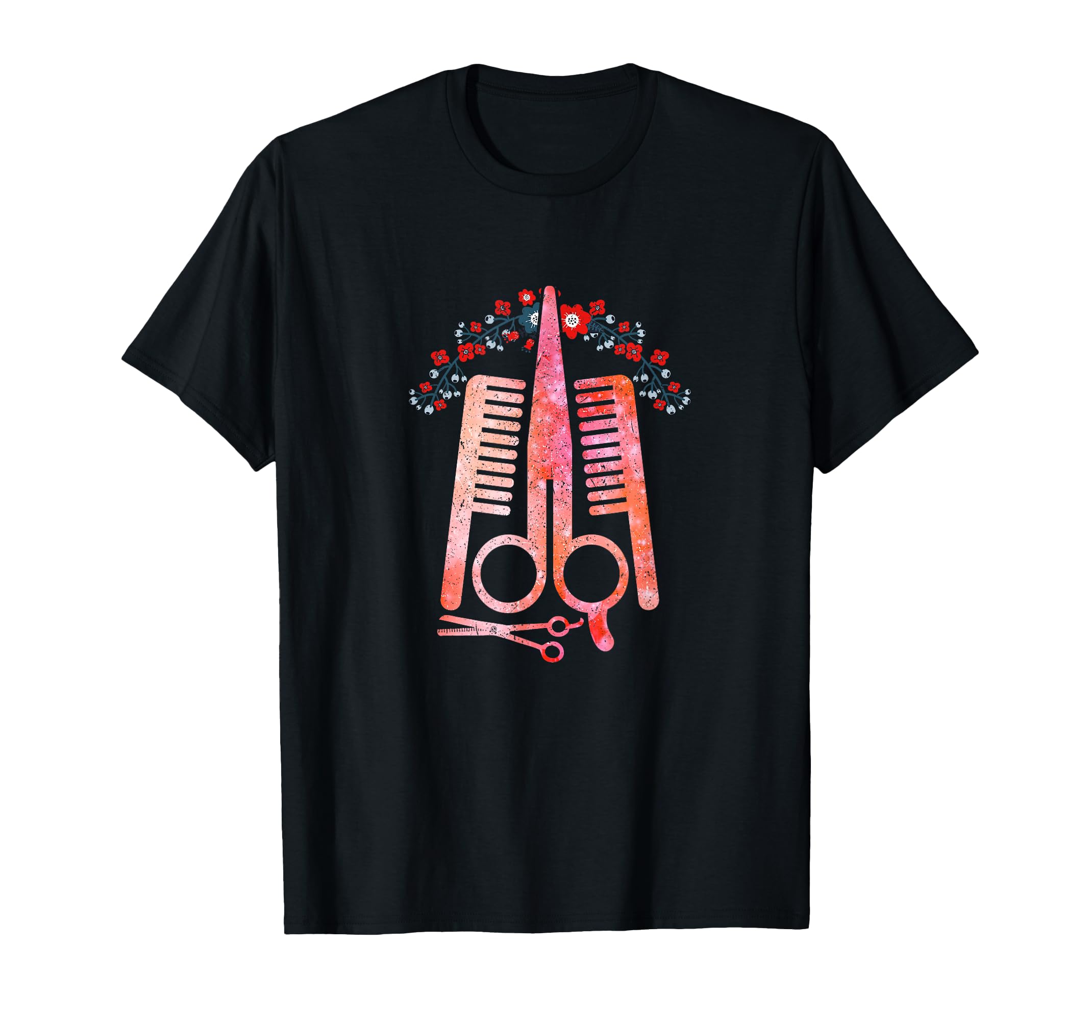 Scissors Tools of the Trade Barber Floral Hairstylist T-Shirt, Black