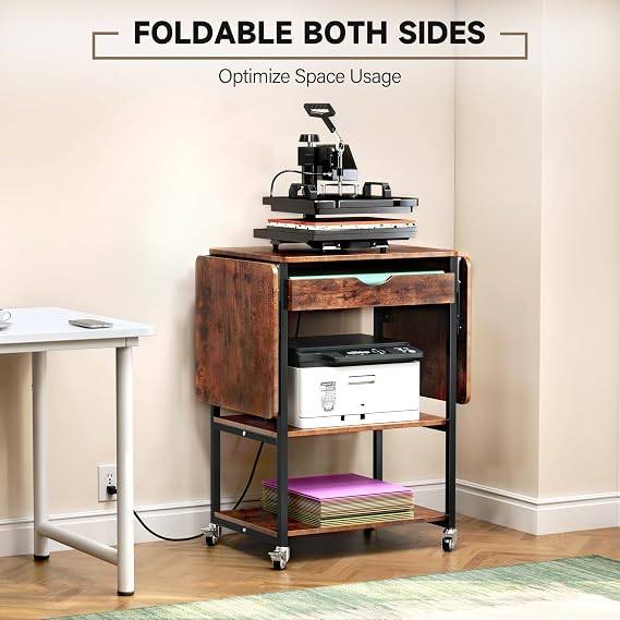 TC-HOMENY Movable 3 Tier Heat Press Table, Foldable Heat Transfer Machine Stand with Vinyl Roll Holder, Heat Press Table Cart Stand with Charging Station for DIY Sublimation Transfer Machine (Brown)