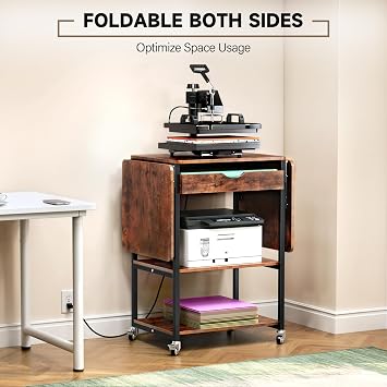 TC-HOMENY Movable 3 Tier Heat Press Table, Foldable Heat Transfer Machine Stand with Vinyl Roll Holder, Heat Press Table Cart Stand with Charging Station for DIY Sublimation Transfer Machine (Brown)