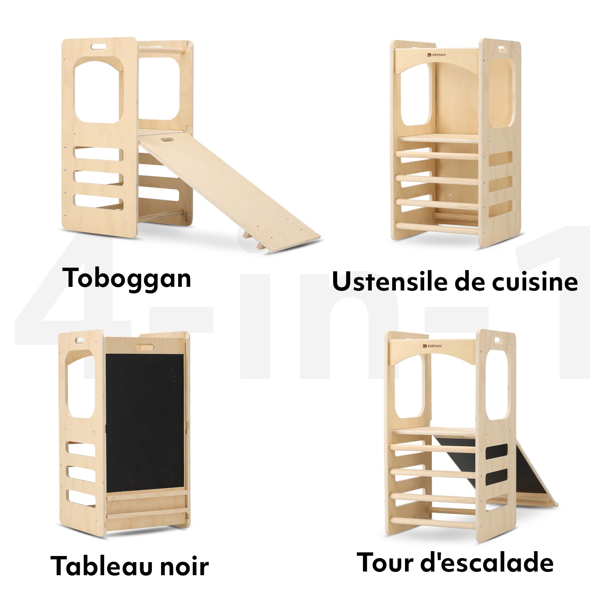 Deryan Tour d Observation Enfant Montessori - Stable & Sécurisée, Hauteur réglable sur 3 Niveaux - Tour d'apprentissage - Fabriqué en Europe - 90 cm - Learning Tower/Toddler Tower - Naturel