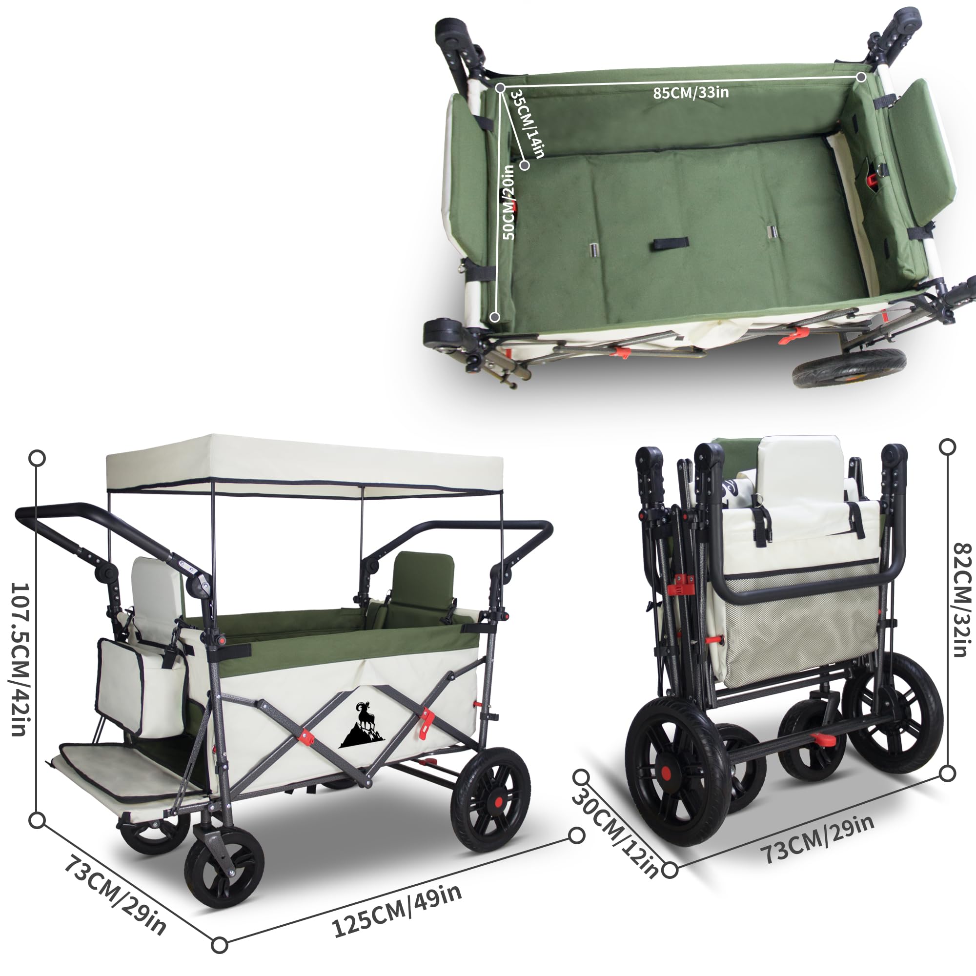 Carro plegable con techo y frenos, carro de transporte, plegable, ruedas sólidas de poliuretano, capacidad de carga de hasta 120 kg (verde/beige)