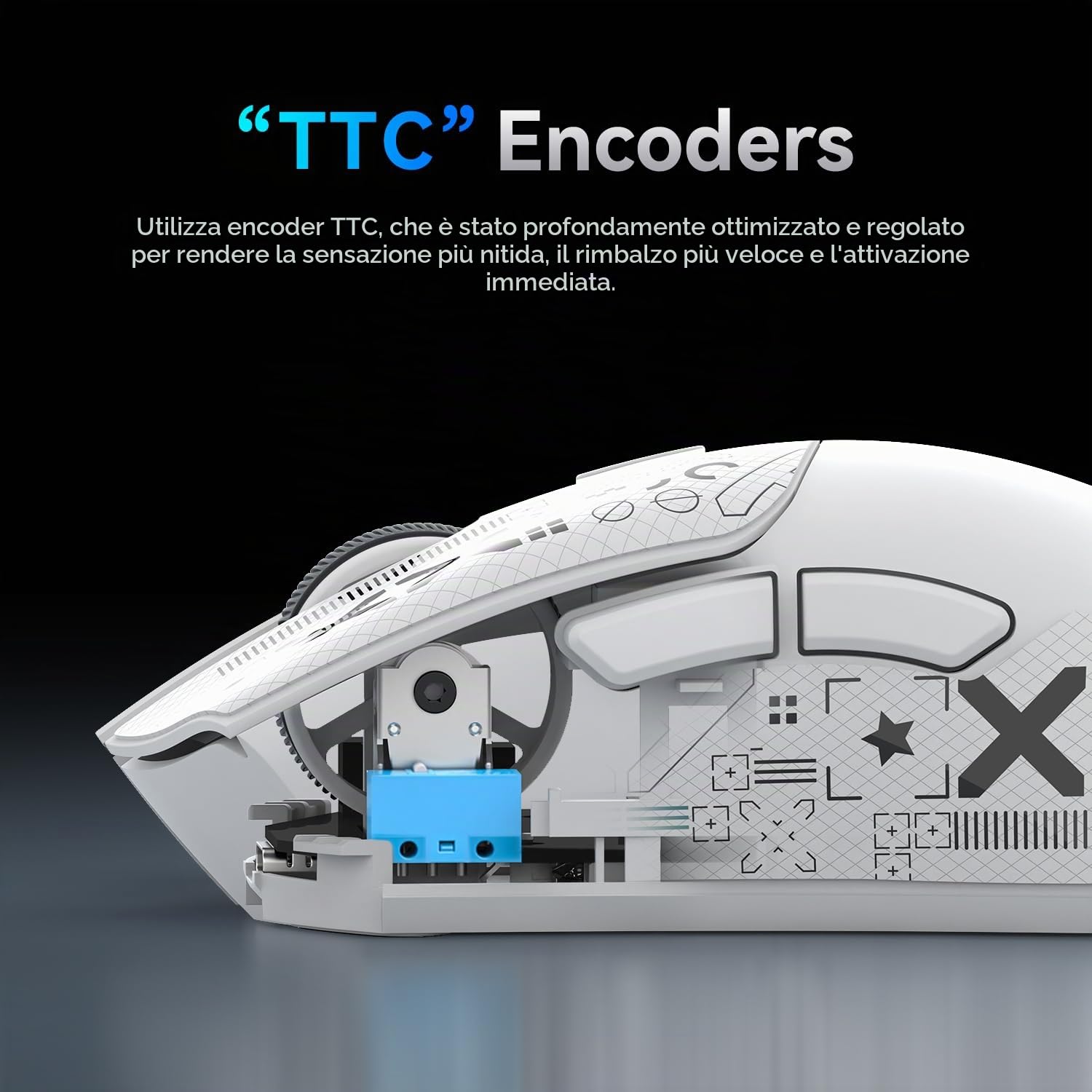 ATTACK SHARK Mouse R1 59g SUPERLIGHT con nastro adesivo, sensore da gioco PixArt PAW3311, mouse da gioco wireless/cablato BT/2.4G, 6 DPI regolabili fino a 18000, batteria da 65 ore (Bianco)
