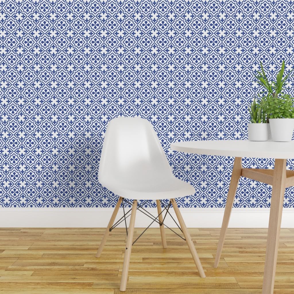 Removable Wallpaper 3ft x 2ft - Delft Fleur Blue White Geometric Pattern Cobalt Spanish Tiles Floral Squares Abstract Kitchen Decor Custom Pre-Pasted Wallpaper by Spoonflower