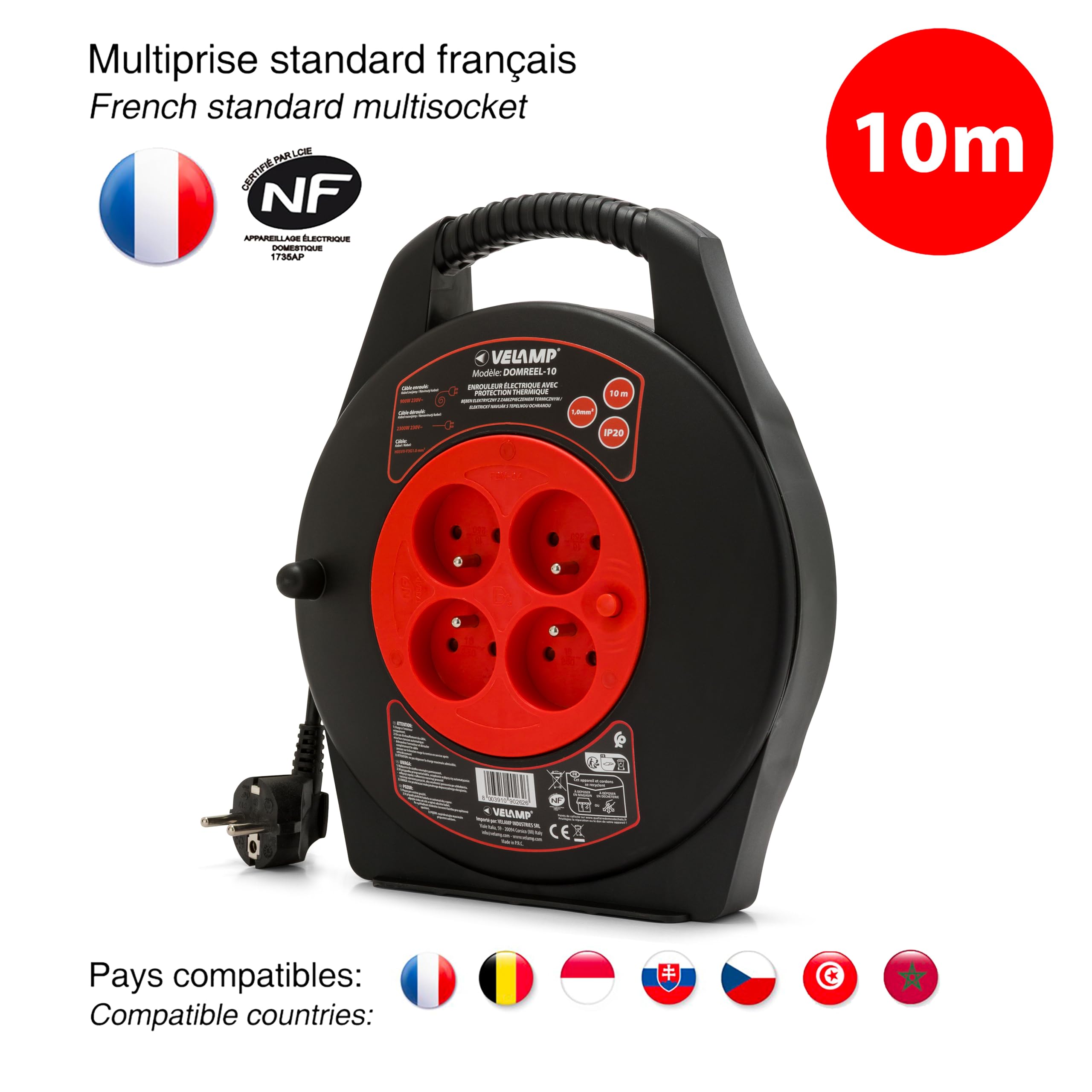 Velamp DOMREEL-10- Enrouleur HO5VV-F 4 prises 3G1.0 10m + coupe-circuit - avec poignée