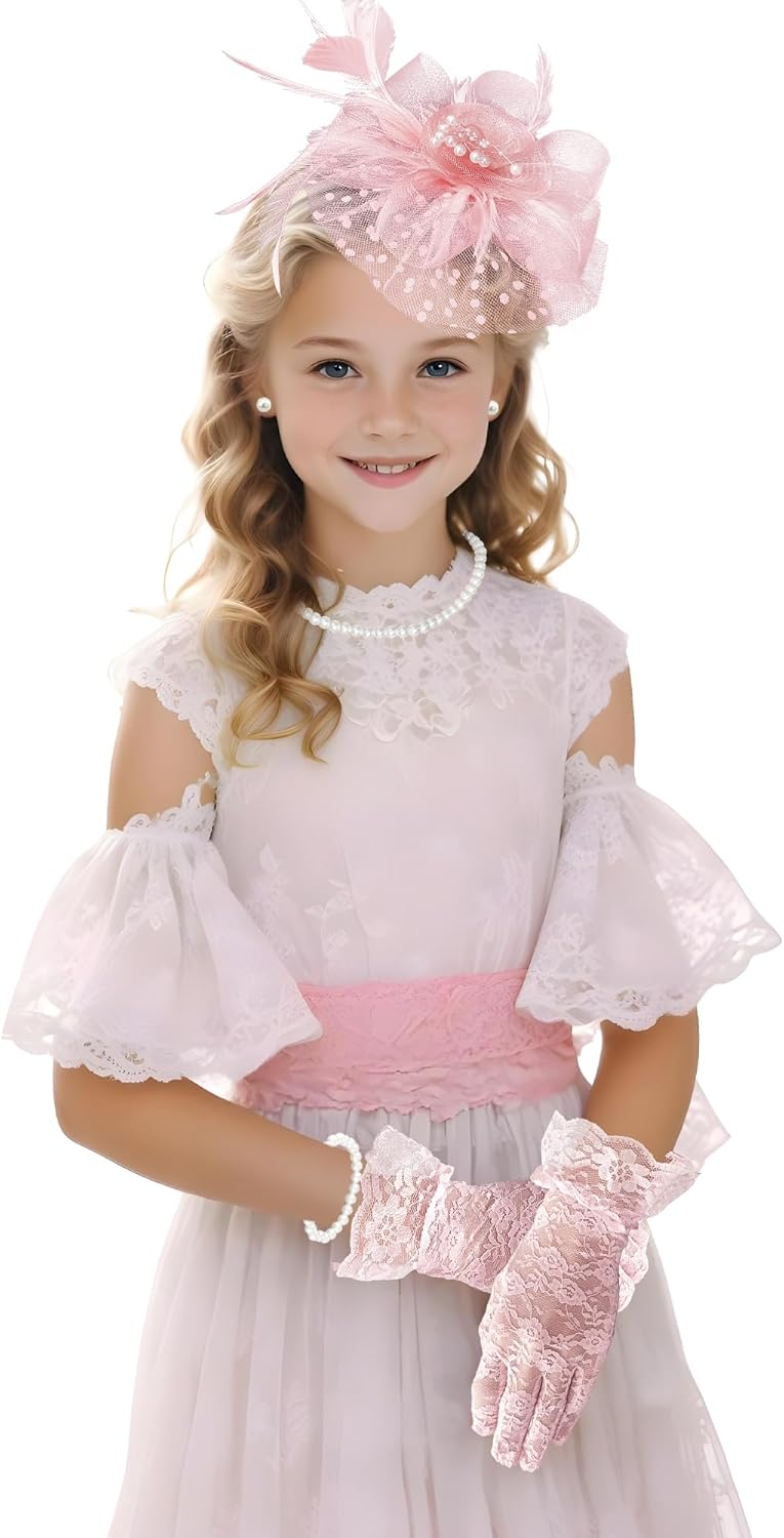 Girls Tea Party Fascinators Hats with Lace Gloves Pearl Necklace Earring Jewelry for Tea Party Wedding Accessories - Image 2