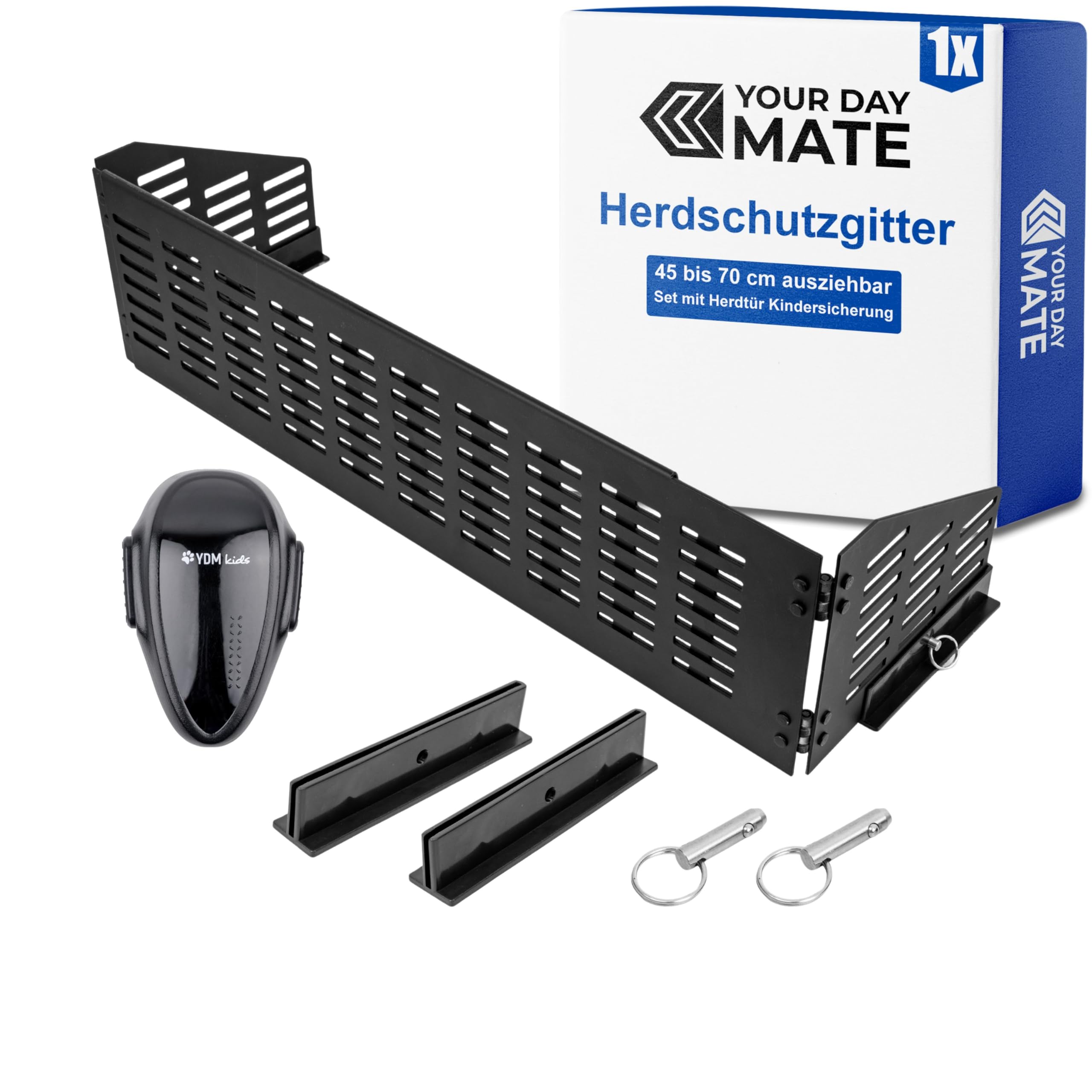 Herdschutzgitter Kindersicherung, 45 bis 70 cm ausziehbar, Schwarz, Set mit Backofentür Babysicherung, Herdschutz Gitter mit Scharnier-Seitenflügeln, zusammenfaltbar und verstaubar, Kochfeld Abdeckung