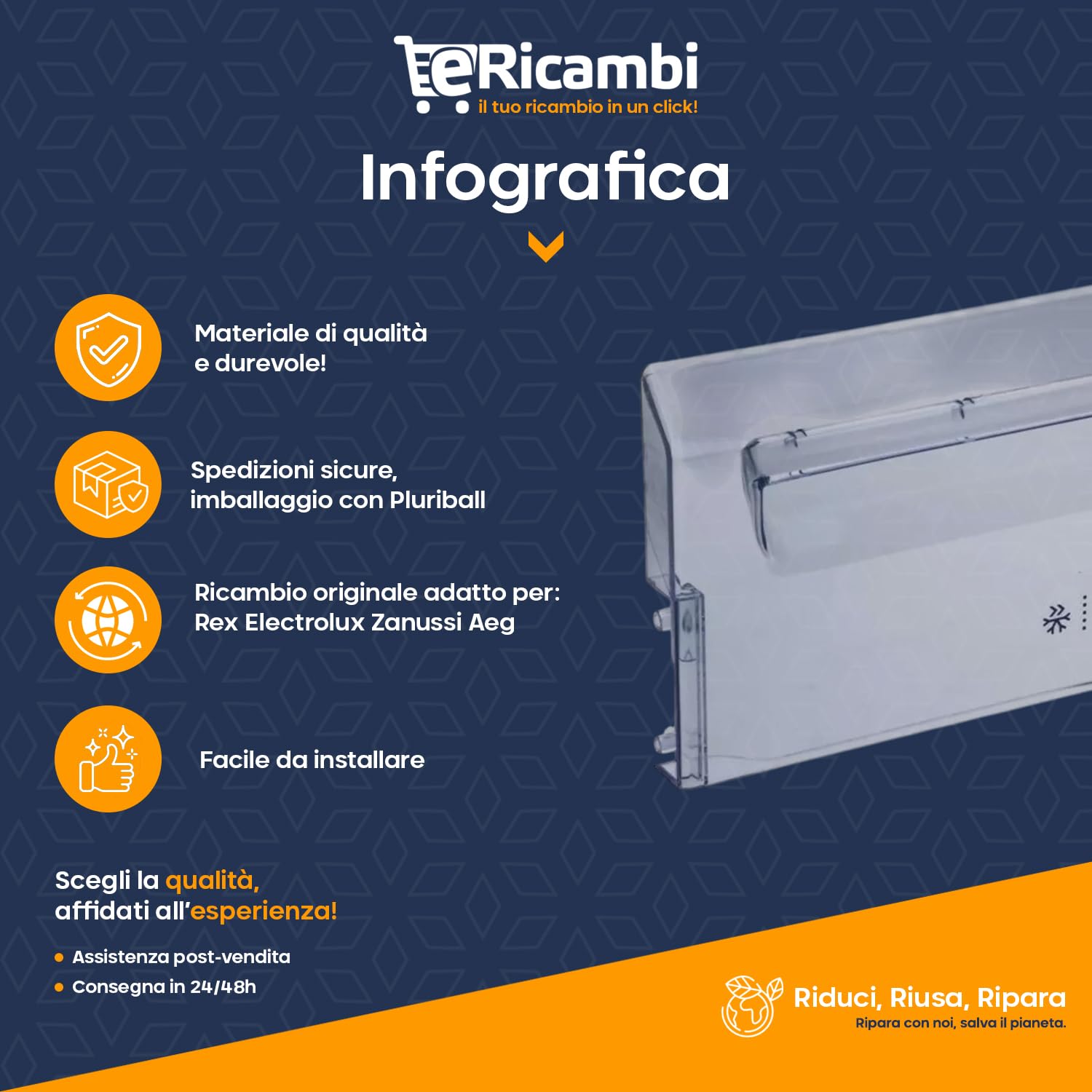 eRicambi® Sportello Frontale Cassetto Congelatore - Compatibile con Electrolux ZBB2294R, ZBB2294L, ZBF3124A, FI22/10EA - Dimensioni 405x162 mm - Ricambio Originale