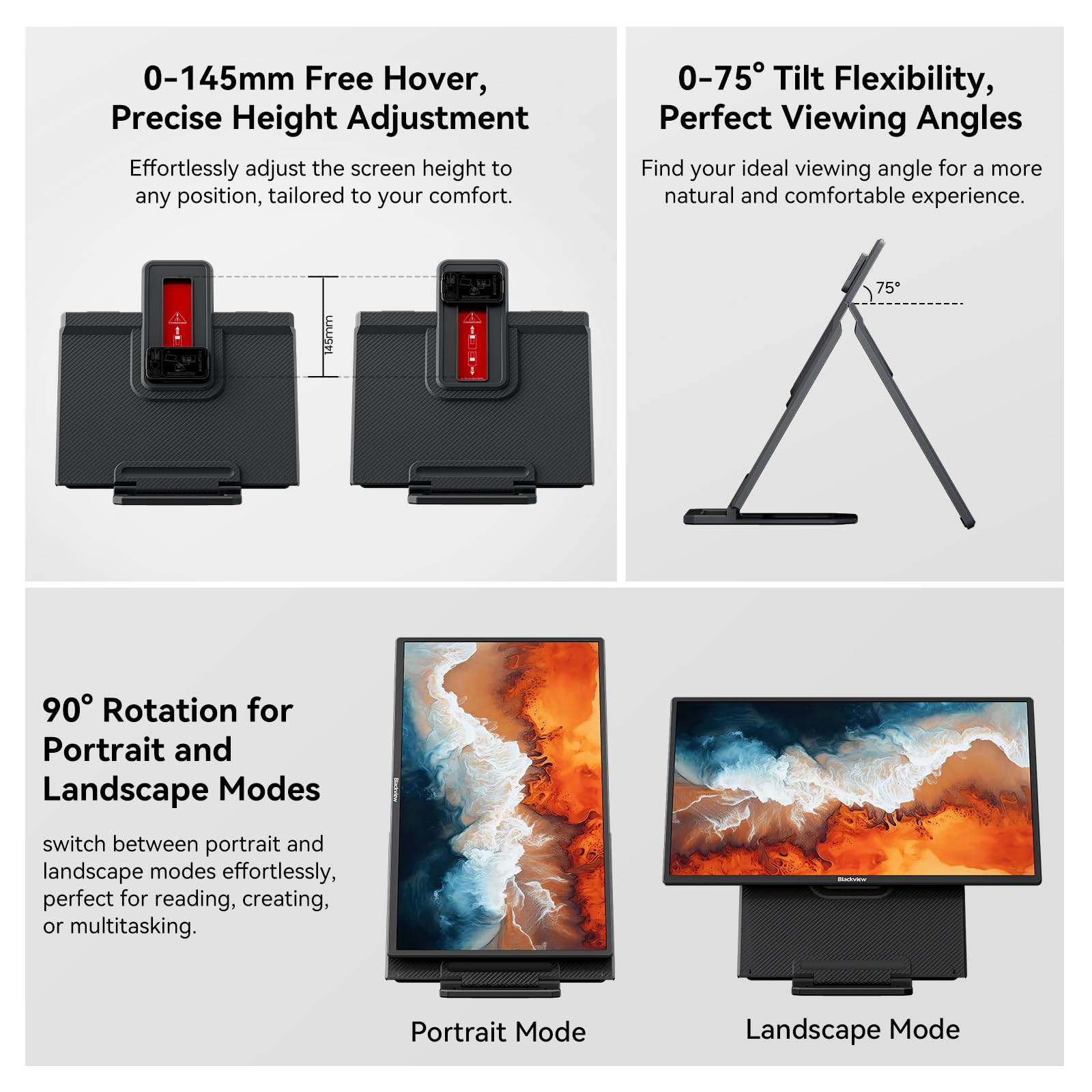 Blackview Monitor portatile da 24 pollici, 100 Hz, per lavoro, casa, ufficio, gioco, 1080p FHD IPS estensore dello schermo del computer portatile con supporto rotante e VESA, USB-C HDMI Plug-Play per