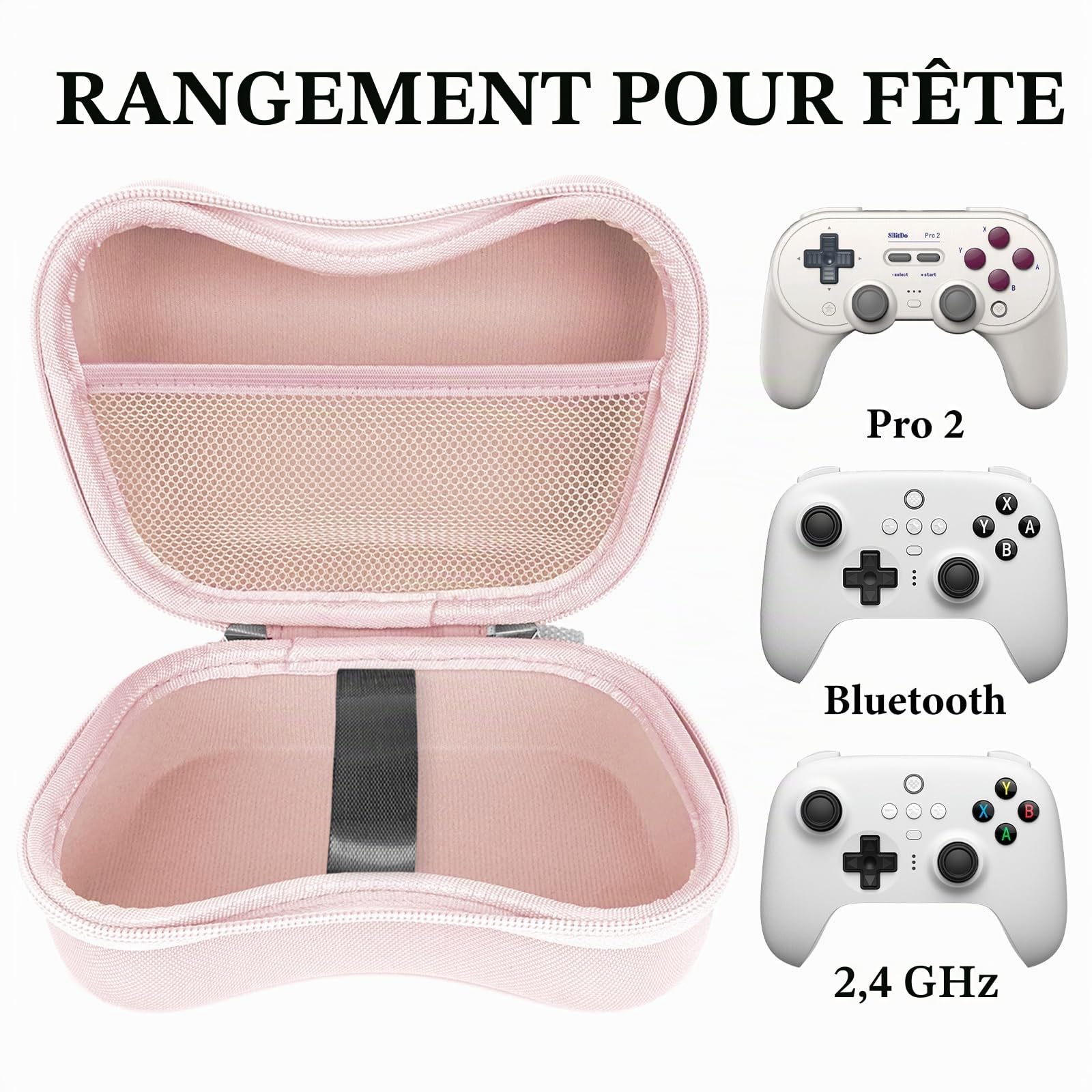 Linkidea Étui de transport rigide de voyage compatible avec manette sans fil 8BitDo Pro 2/Ultimate Bluetooth/2,4 G Dual Sense - Accessoires de jeu - Sac de rangement de protection pour jeux (rose)
