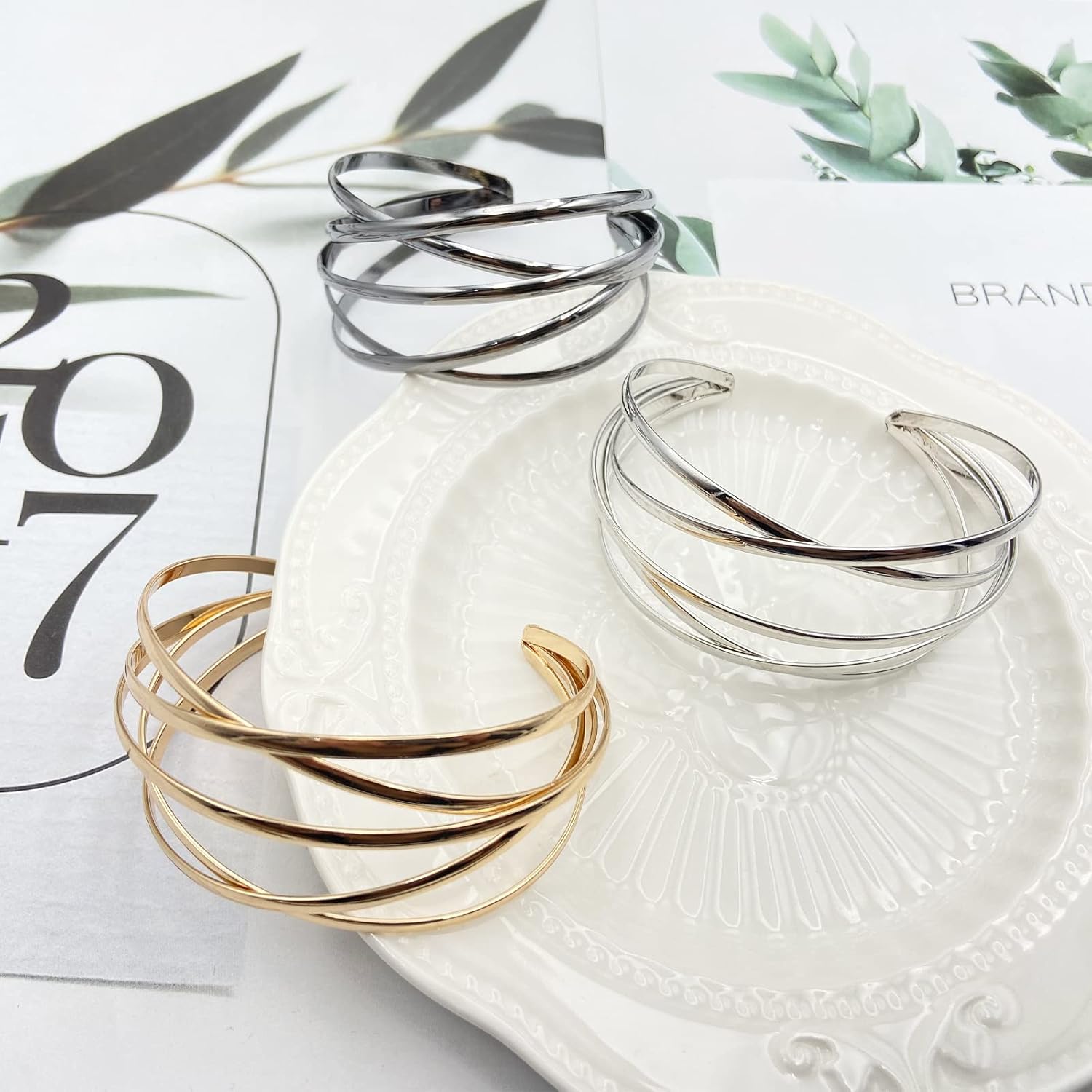 Gold Bangle Bracelets for Women Gold Arm Cuffs Upper Jewelry Bracelets Cuff Multi-layer Bangle Bracelet Adjustable Wide Cuff Bracelet - Image 2