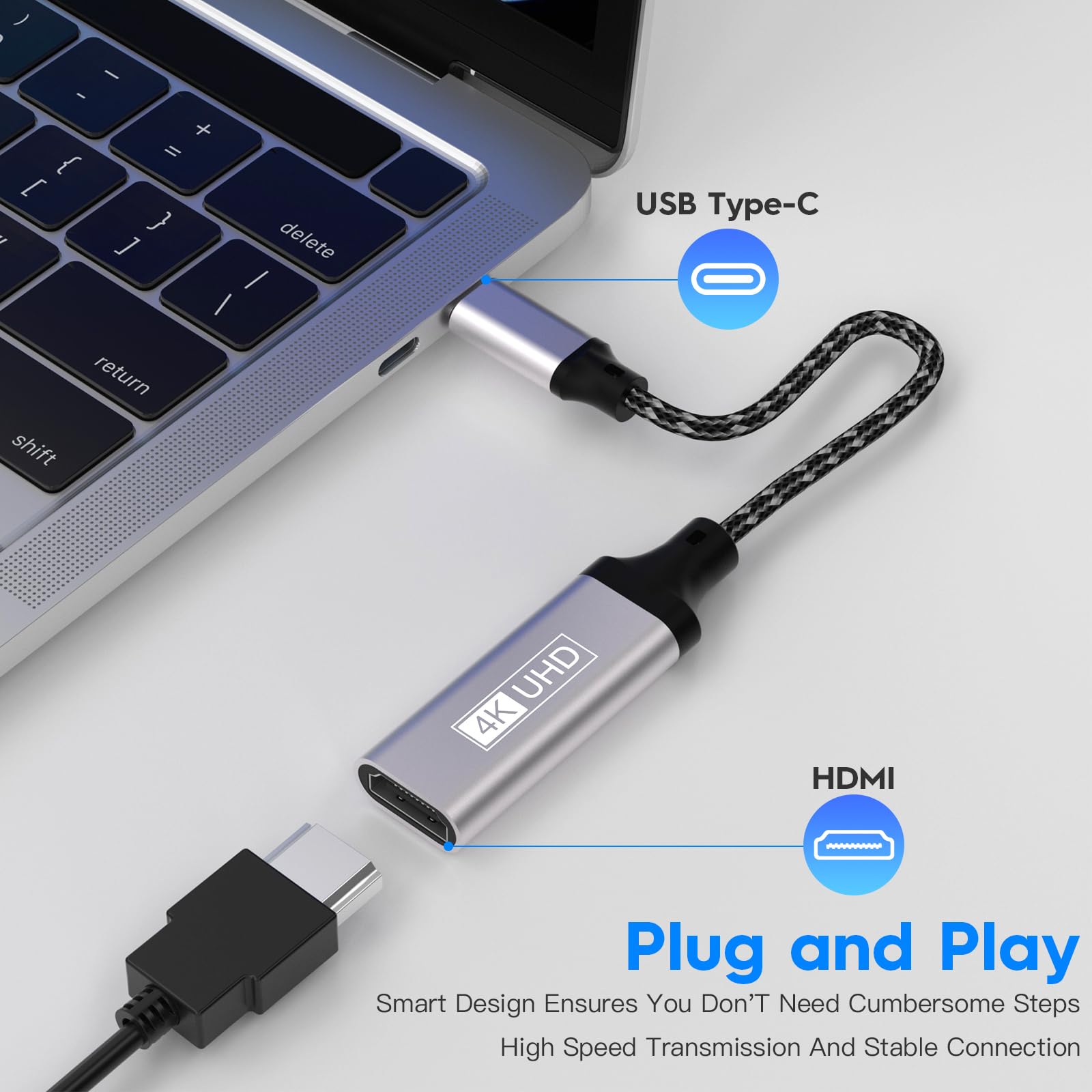 Adattatore HDMI USB C, 4K Da Thunderbolt 3 a HDMI compatibile con iPhone 15Pro/15Pro Max,MacBook Pro/Air,Dell XPS 15/13,iPadPro/Air,Pixelbook,Samsung Galaxy S/NOTE,SurfacePro Grey