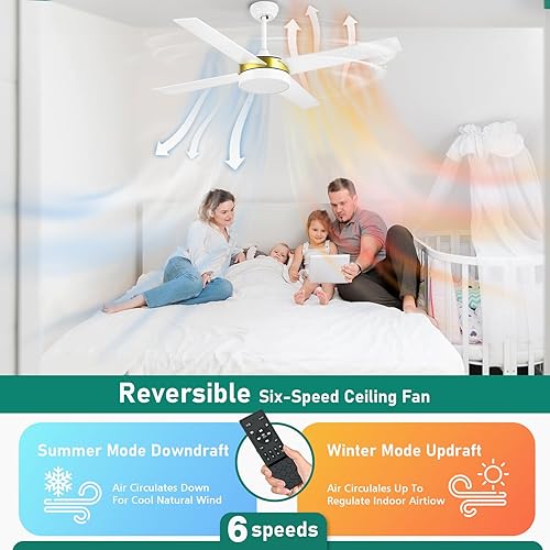 Miniatura 4 de YITAHOME Ventiladores de techo de oro blanco de 52 pulgadas con luz y control remoto, ventilador regulable para interiores y exteriores, moderno