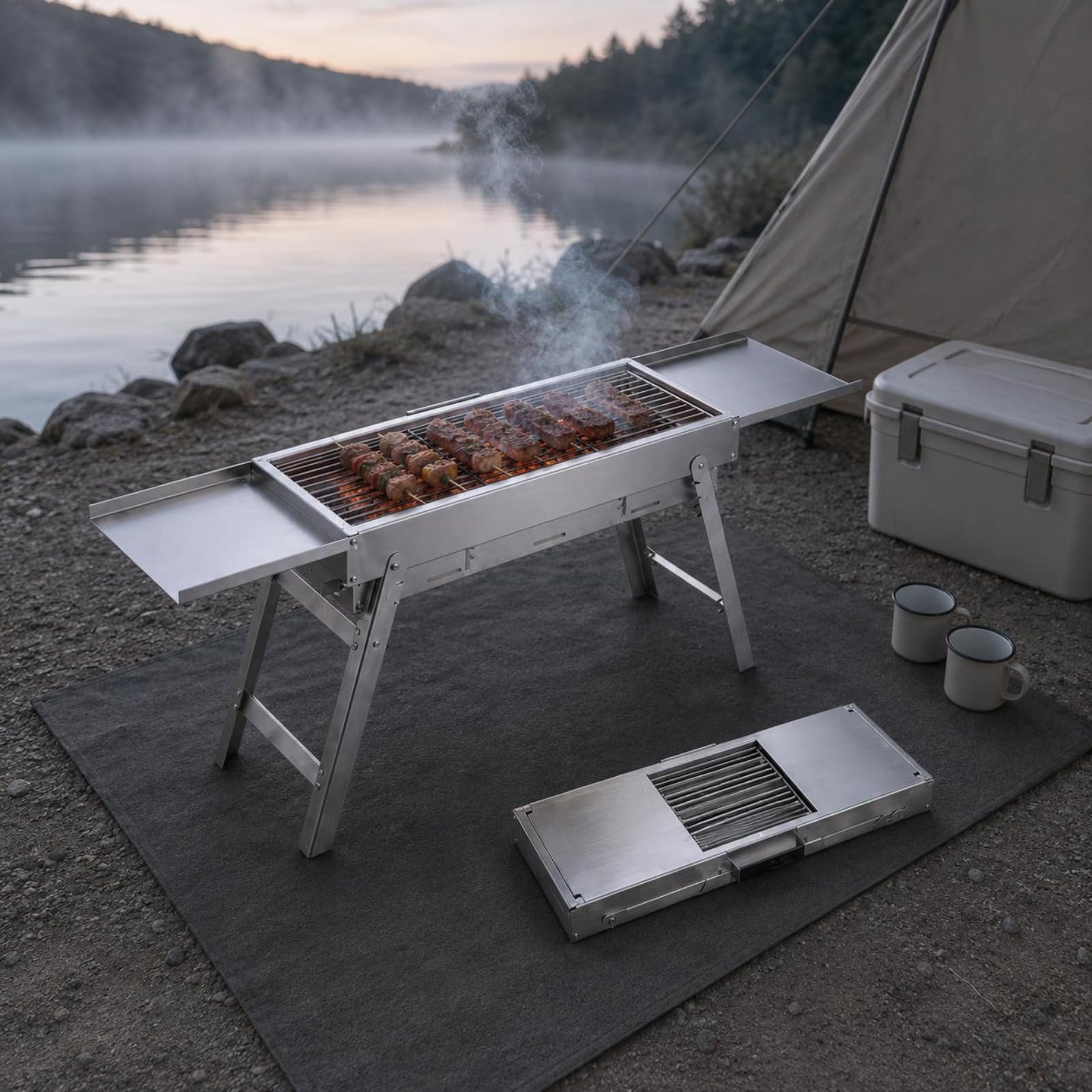 Colcolo Barbecue da Esterno Griglia a Portatile Pieghevole Telaio in Acciaio con Ripiani Laterali Superficie di Cottura Inox 304 Facile da Riporre E, 60cm