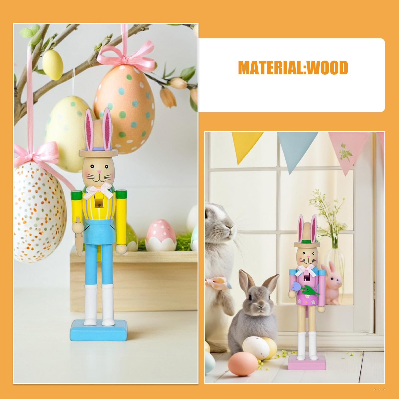 Levemolo 2er-Set Osterhasen-Nussknacker: 26,5 cm große, stehende Hasenfigur aus Holz – Frühlings-Tischdekoration für Zuhause