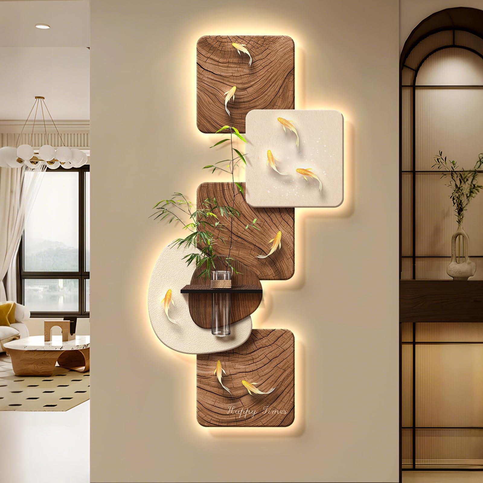 Decorazione murale 3D effetto arenaria con vaso a LED e nove pesci, stile
