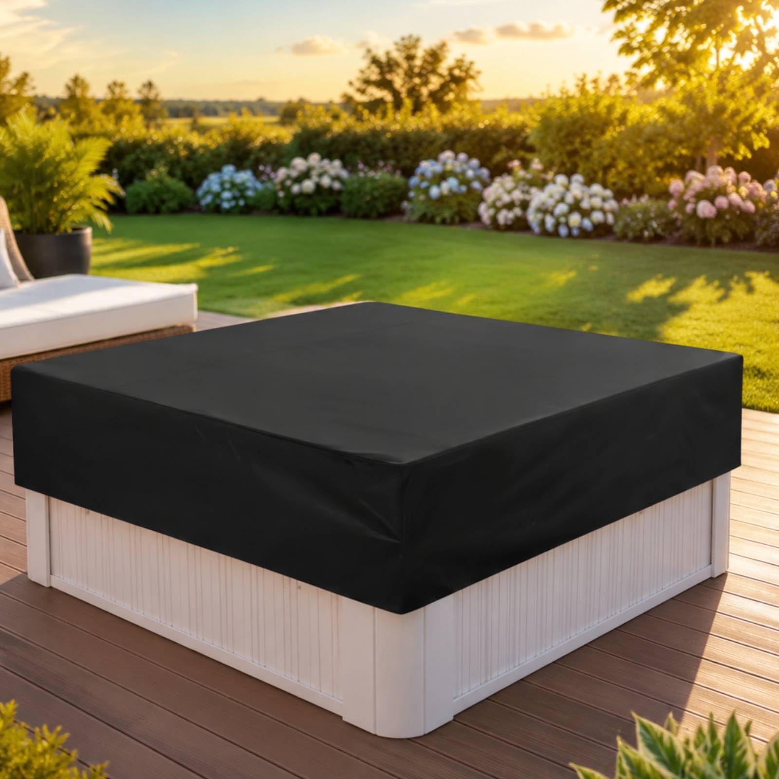 Cubierta Bañera Resistente Frente a los Rayos Solares Cubierta Piscina Cordón Ajustable Protección Exterior, Negro, 210x210x30cm