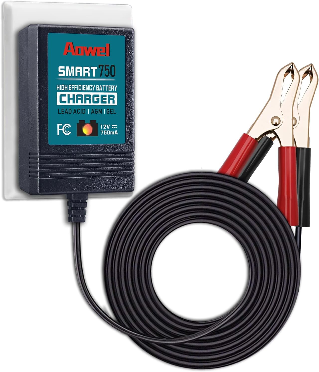 Aowel 750mA Trickle Battery Charger, 12V Fully-Automatic Smart Charger Battery Maintainer for Cars, Motorcycle, ATVs and More