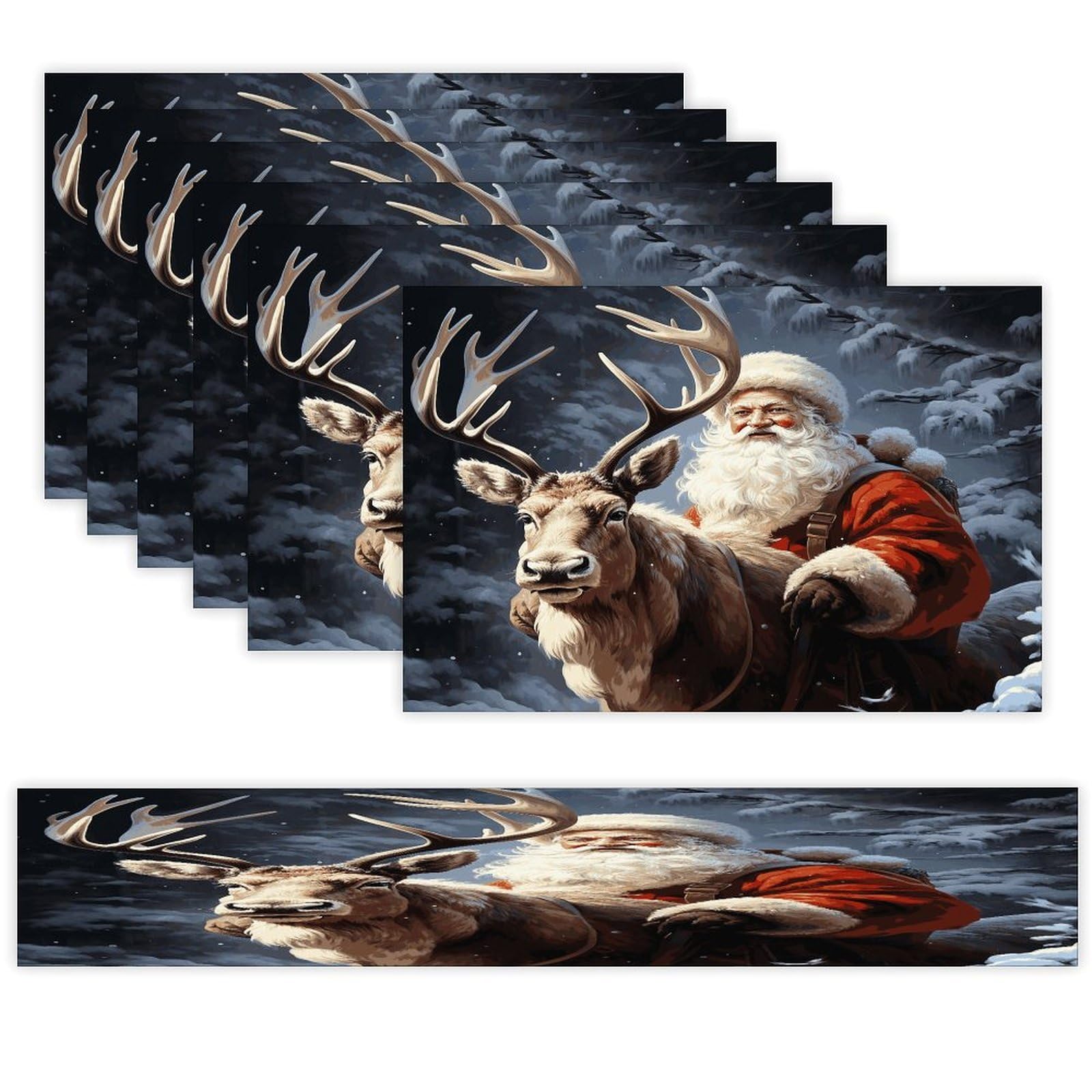 Santa Claus and Deer Elk Table Runner and Placemats Set of 6 Non-Slip Heat Resistant Place Mats Linen Washable Kitchen Table Mats Modern Abstract Painting Art Dining Decor for Daily Use