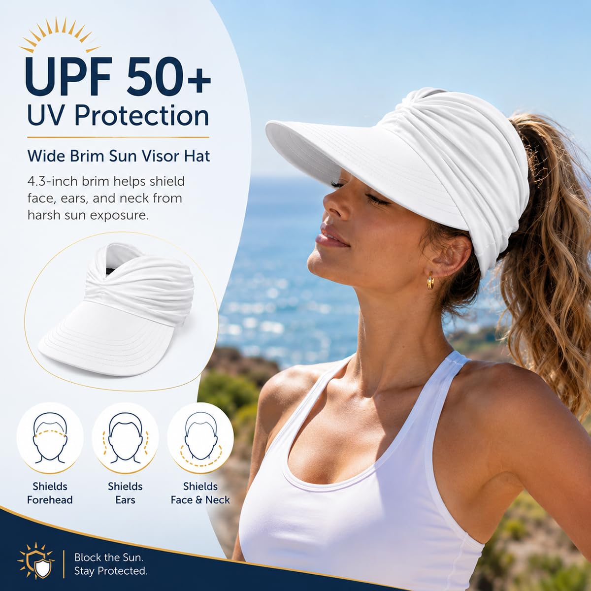Women's UPF 50+ UV Protection Sun Visor Hat – Wide Brim Lightweight Foldable Ponytail cap for Summer Outdoor Walking Golf