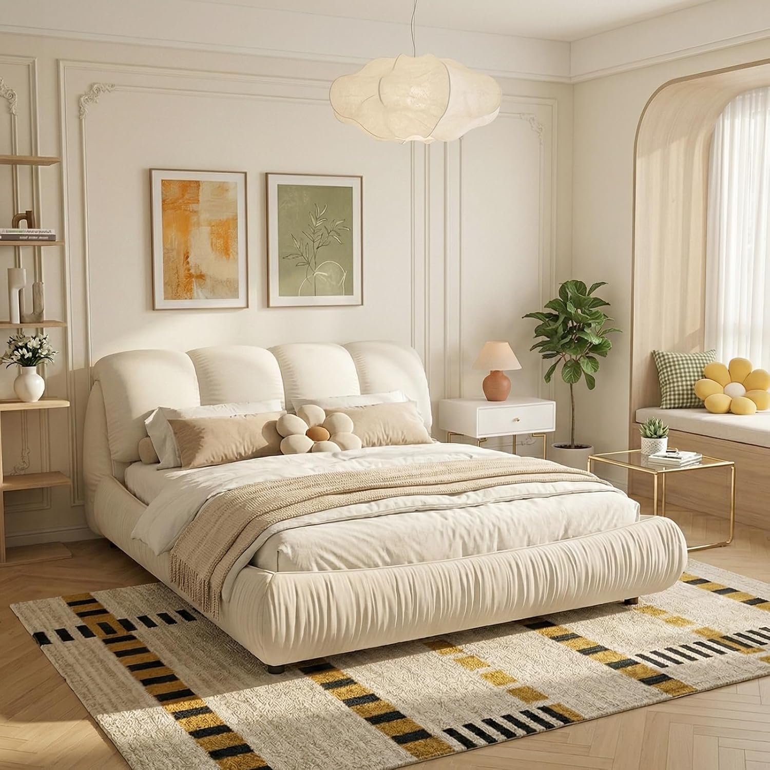 Queen Size Cloud Bed Frame with Oversized Padded Headboard, Upholstered Platform Soft Bed Frame for Modern Bedrooms, 24 Slats Support up to 1000 lbs, Noise Free, No Box Spring Needed, Beige