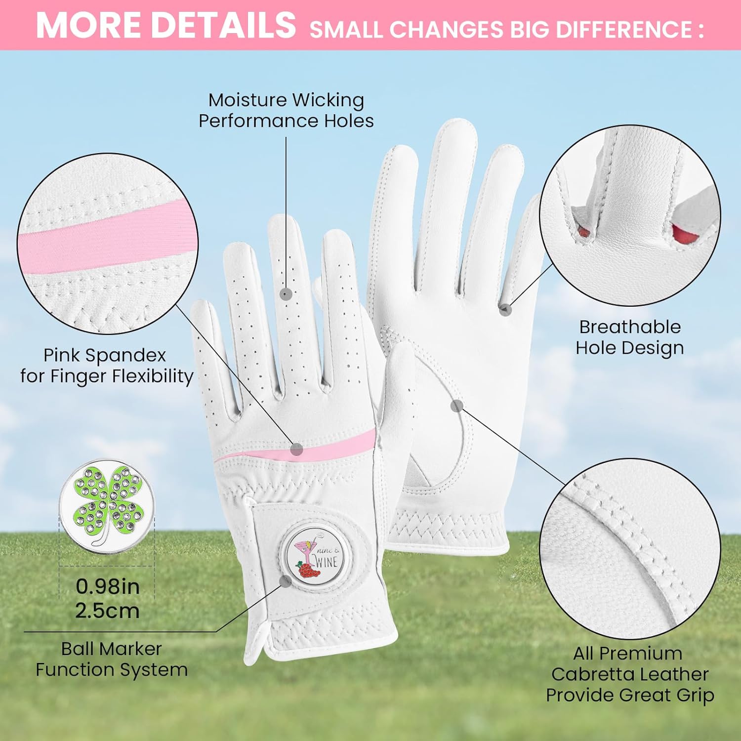 Amy Sport Womens Golf Glove 1 Pack with 2 Ball Marker & 1 Hat Clip & 10 Plastic Tees, Microfiber & Leather All Weather Grip Glove for Left or Right Hand, Soft Comfortable Ladies Gloves - Image 2