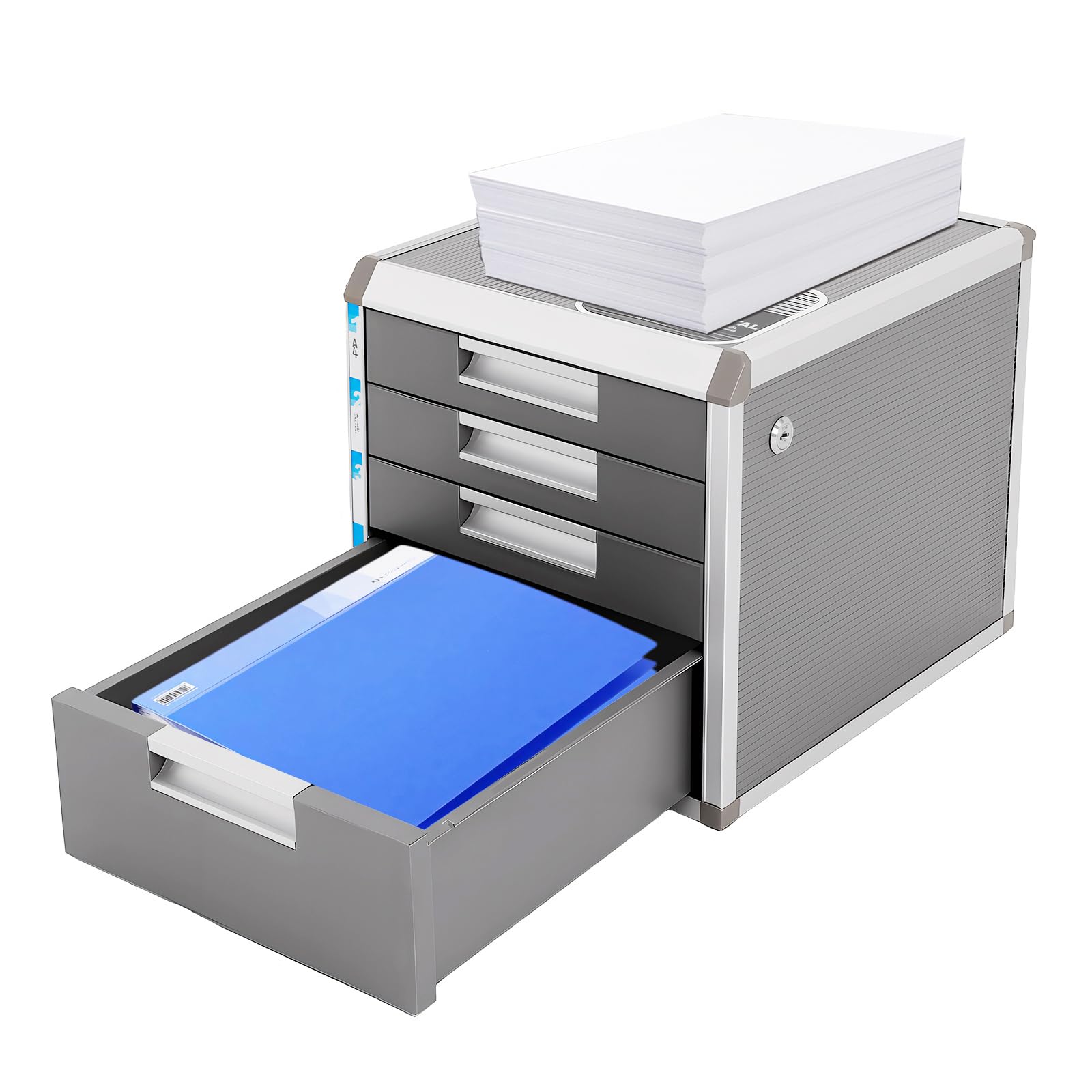 Armario archivador con 4 cajones con cerradura de aleación de aluminio – Caja para documentos DIN A4 31,5 x 35 x 29,8 cm – 1 compartimentos grandes + 3 pequeños, estantes de MDF y 2 llaves – gris y