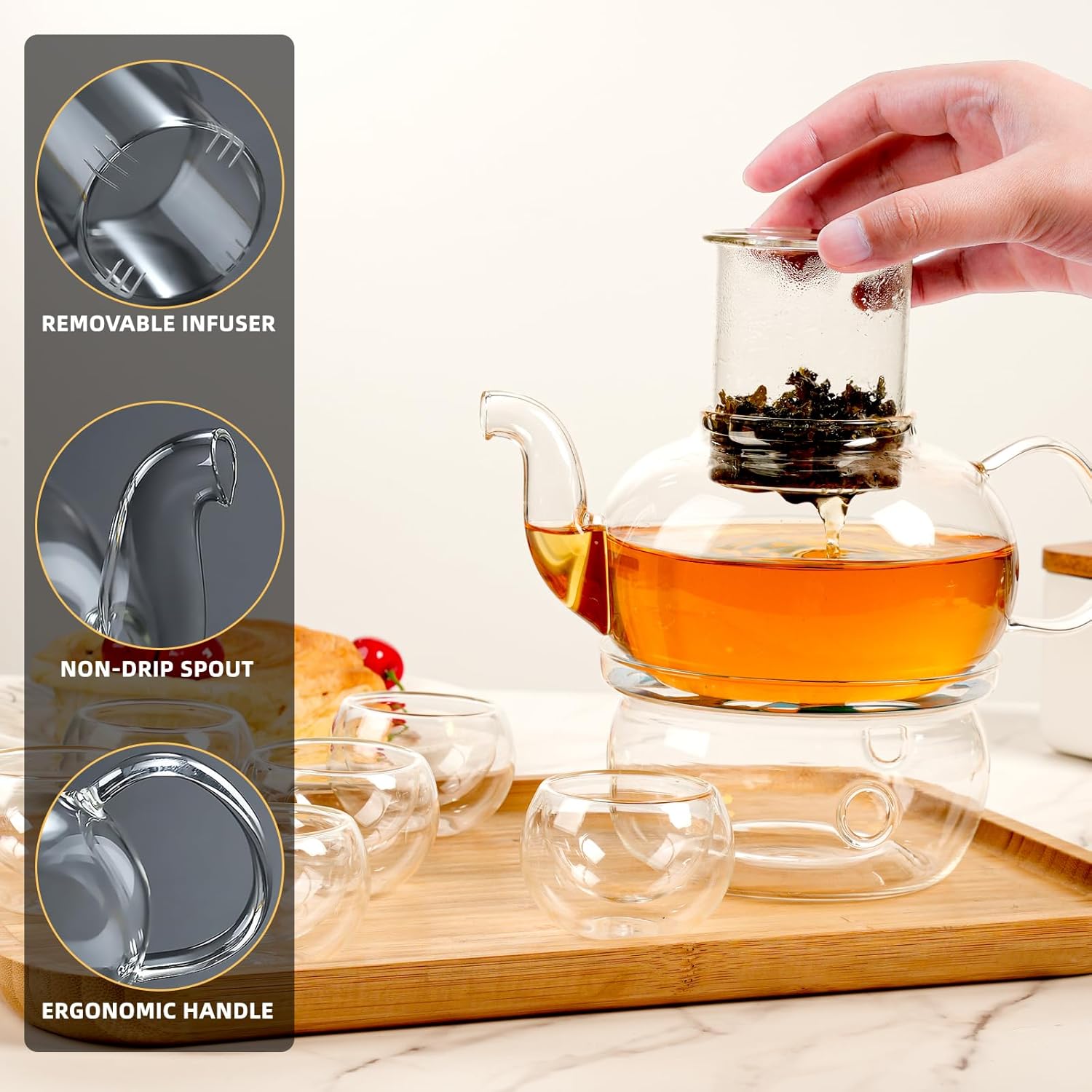 Glass Teapot Set, 27OZ/800ML Stovetop Safe Glass Tea Kettle with 6 Small Double Wall Tea Cups & Loose Tea Infuser & Tea Warmer, Microwave & Dishwasher Safe Tea Maker, Blooming Tea Gift Set - Image 5