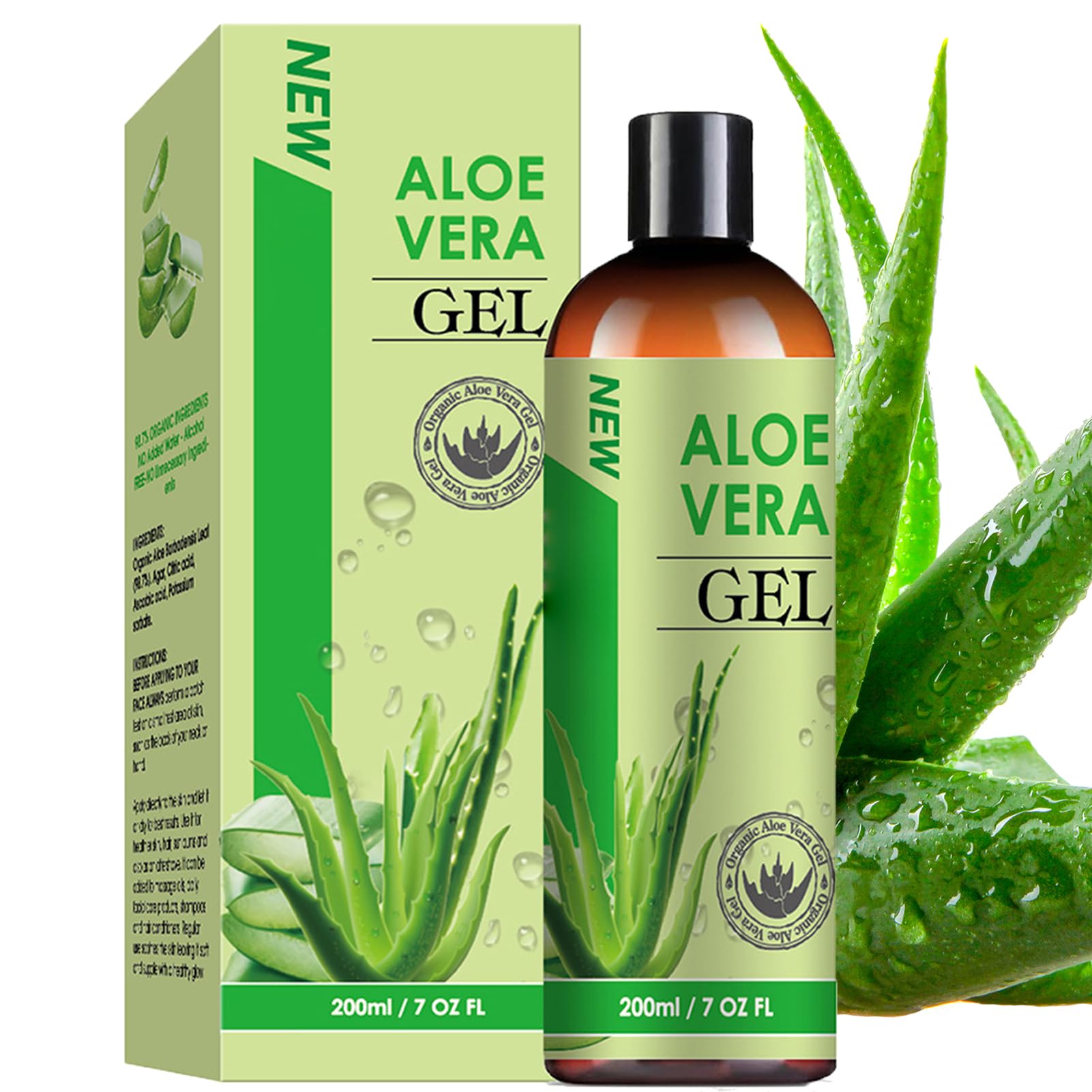 Organic Aloe Vera Gel with 100% Pure Aloe from Freshly Cut Aloe - Aloe Vera After Sun for Face, Body, Hair, Sunburn, After Sun, Scars - absorbs rapidly with No sticky residue - 200 ml / 7 fl oz