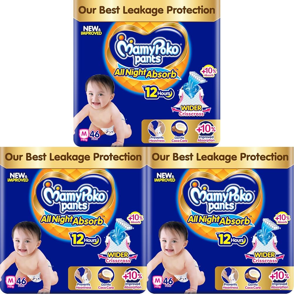 New Mamypoko Pants Premium All Night Absorb| Pant Style Baby Diapers Medium Size(M), 46 Count, Ideal for 7-12Kgs|1 Diaper: Upto All Night Absorption now with 10% increased power|Wider Crisscross Sheet|Gentle Coco Care| 12hr Leakage Protection| Prevents Heaviness.-image-32