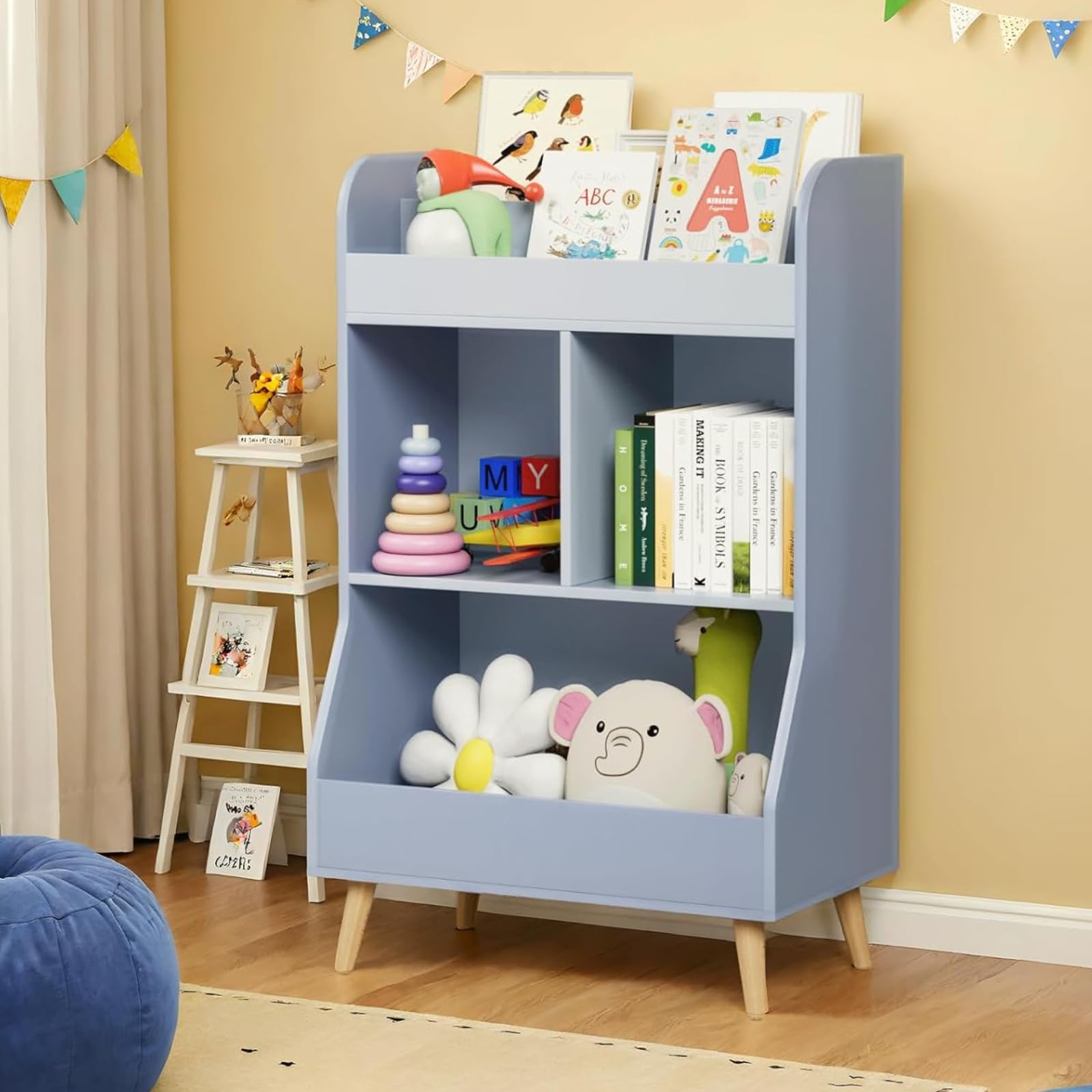 MAMIZO Estantería Infantil 5 Estantes,Mueble Juguetes Organizador, Estantería Montessori,Librería Infantil,para Guardería Sala de Juegos,con 2 Estantes, 3 Compartimentos,94 × 62 × 34 cm,Azul