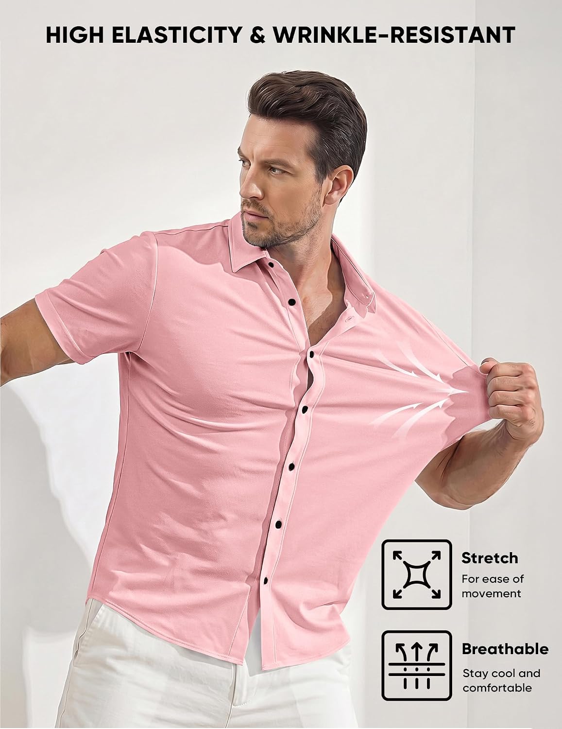 Dokotoo Men Mens Muscle Fit Casual Dress Shirts Short Sleeve High Stretch Wrinkle-Free Button Down Shirt