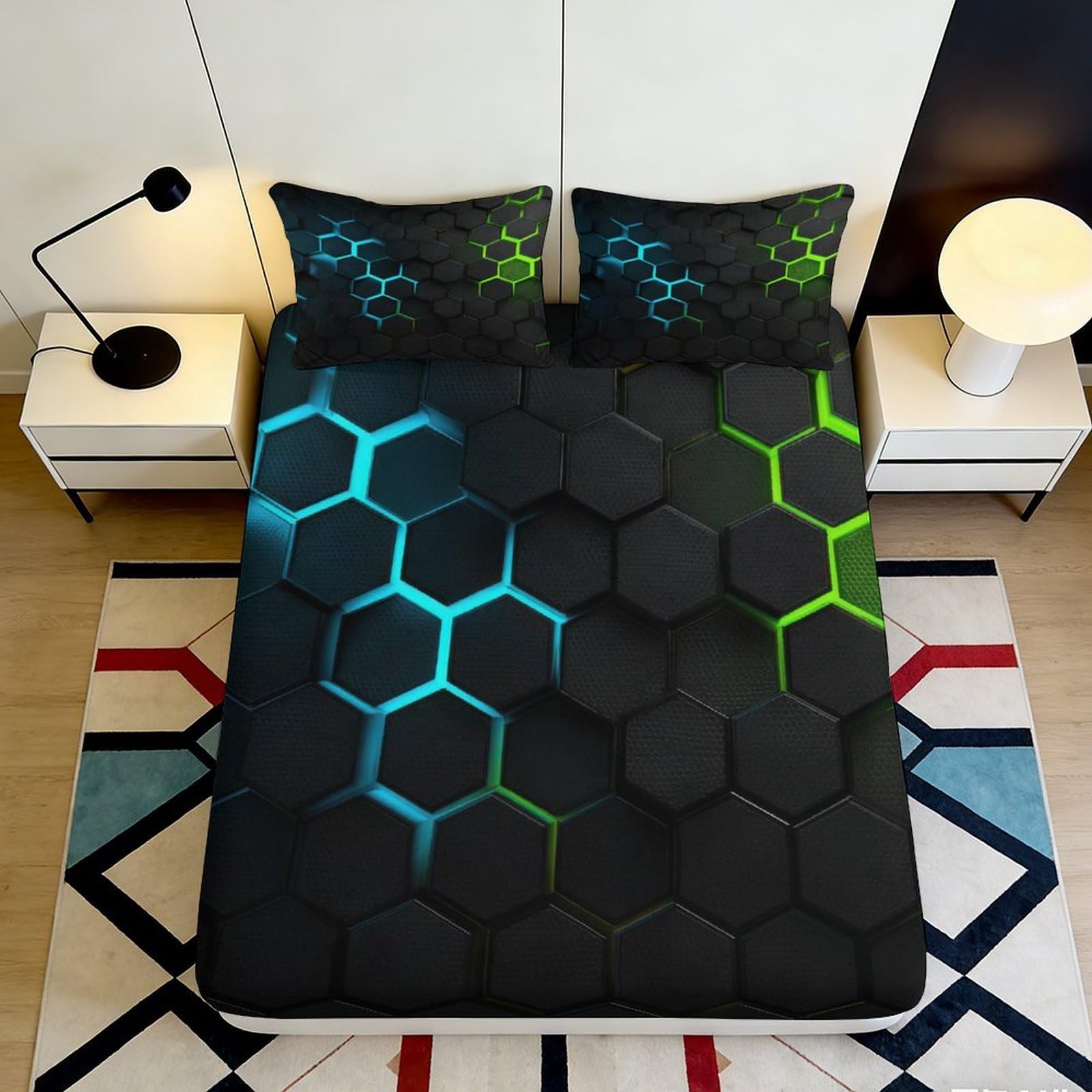 3D Printed Hexagon Tech Pattern Fitted Sheet Microfiber Soft Breathable Neon Geometric Bed Cover Adult Teen Bedroom Dorm Mattress Protection Decor 160x200x25cm