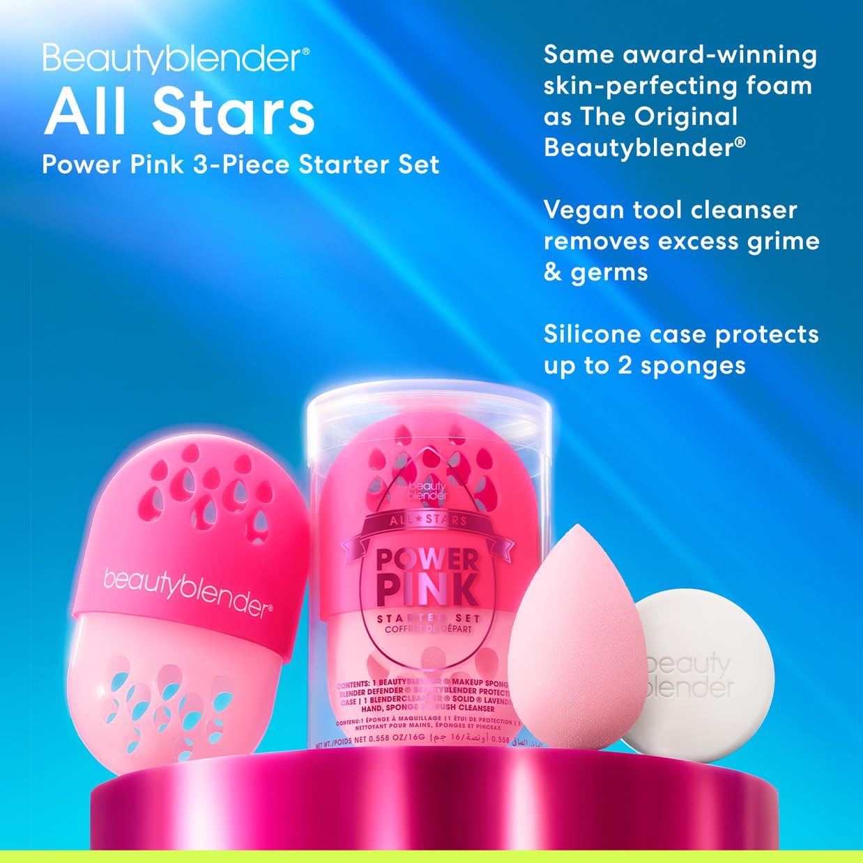 Beautyblender All Stars Power Pink zestaw startowy – gąbka do makijażu, blender, środek czyszczący, mata do peelingu, profesjonalny zestaw gąbek do makijażu, idealny zestaw startowy do nieskazitelnego