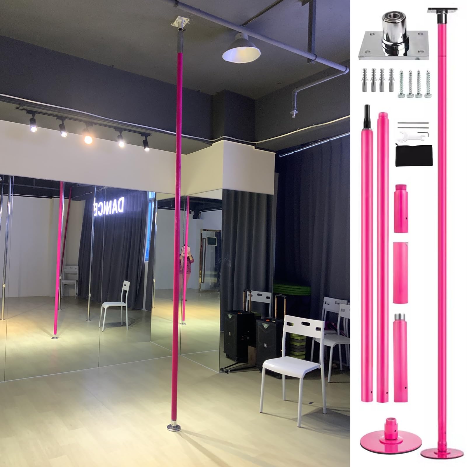Adjustable Height Spinning Pole 7ft 8ft 9ft 10ft 11ft 11.5ft 12ft 12.5ft Permanent Dance Pole Ceiling Mount, Pink Silicone Dance Pole Kit with Fixed Plate & Extension Accessories,Pink-320-360cm