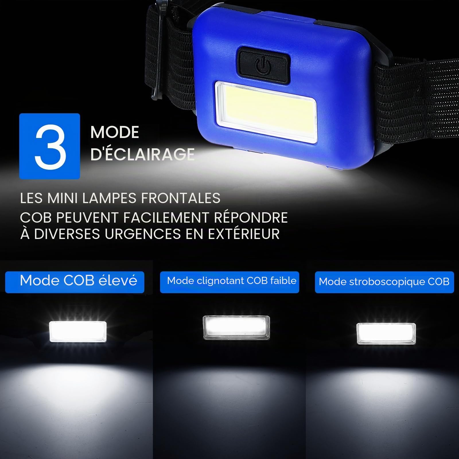 Lot de 48 lampes frontales LED lumineuses et étanches - 800 lumens - 3 modes - 144 piles AAA - Pour adulte, course à pied, camping, survie nocturne (multicolore)