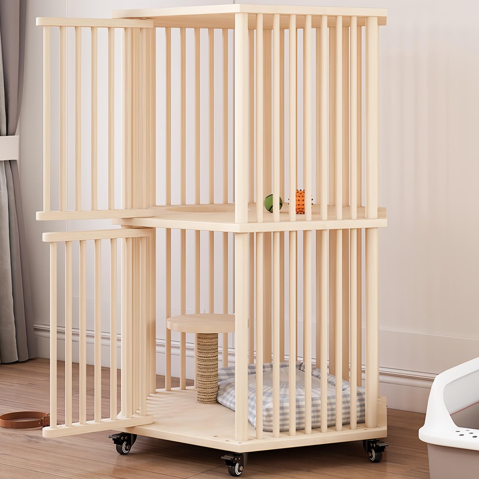 猫 ケージ 2段 木製 多頭飼い 猫ケージ キャスター 組立簡単 猫ハウス